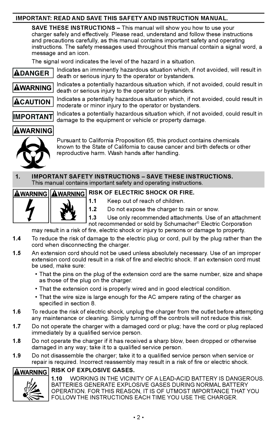 Schumacher PS-1022M owner manual Risk of Electric Shock or Fire 