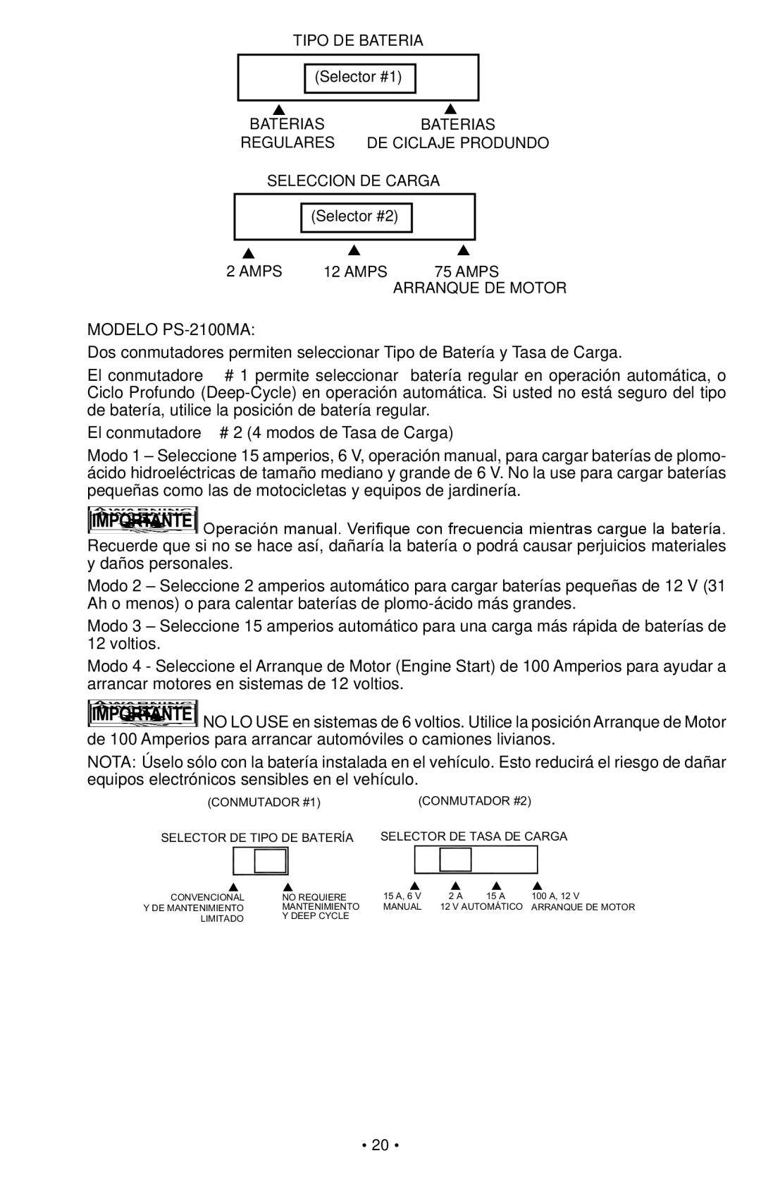 Schumacher PS-1022M owner manual Tipo DE Bateria, Baterias Regulares DE Ciclaje Produndo Seleccion DE Carga, Amps 