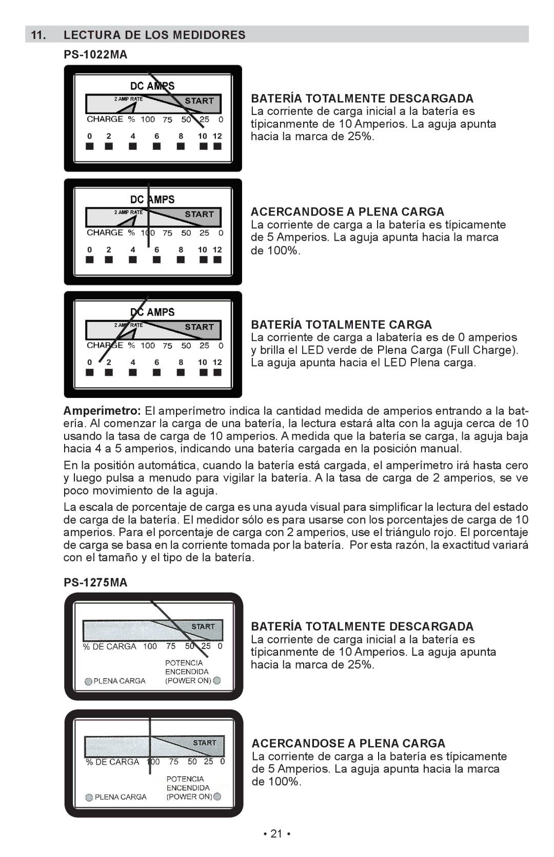 Schumacher owner manual Lectura DE LOS Medidores PS-1022MA, Acercandose a Plena Carga, Batería Totalmente Carga 