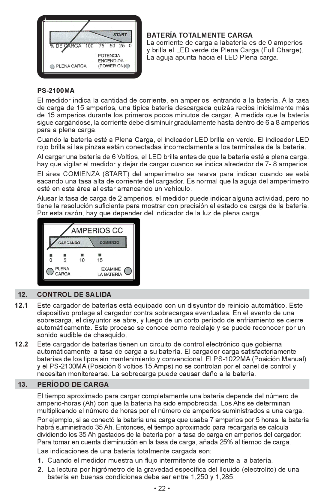 Schumacher PS-1022M owner manual Control DE Salida, Período DE Carga 