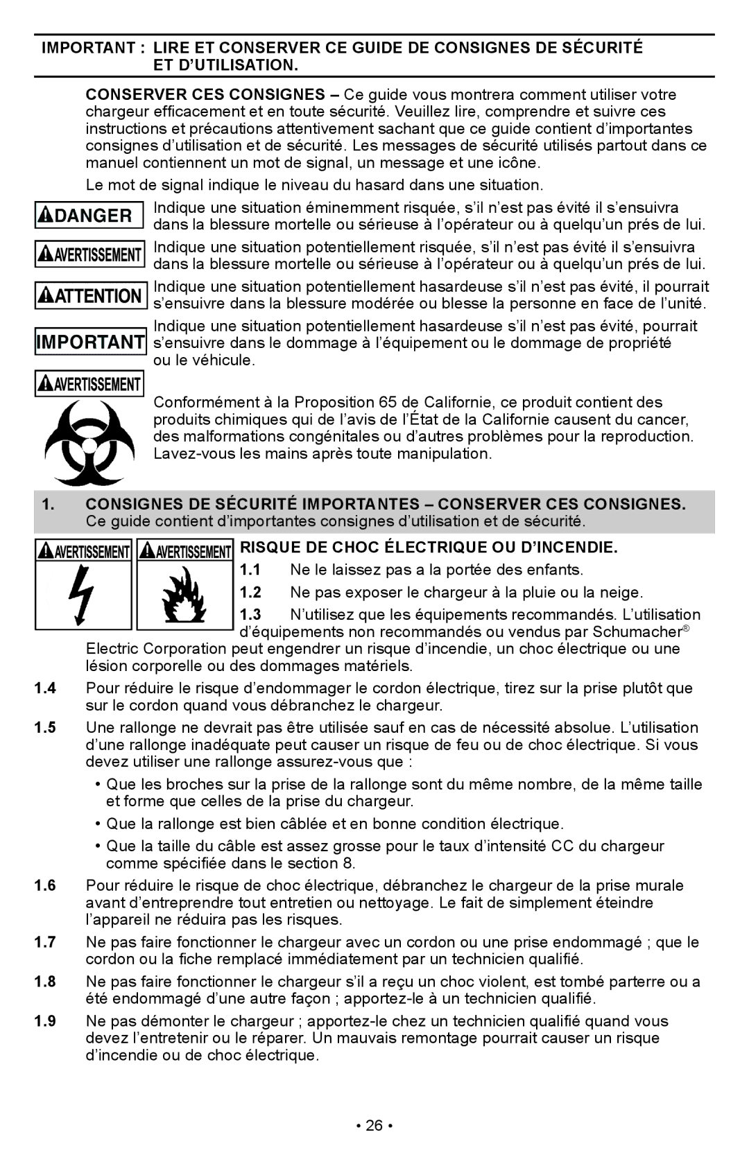 Schumacher PS-1022M owner manual Risque DE Choc Électrique OU D’INCENDIE 