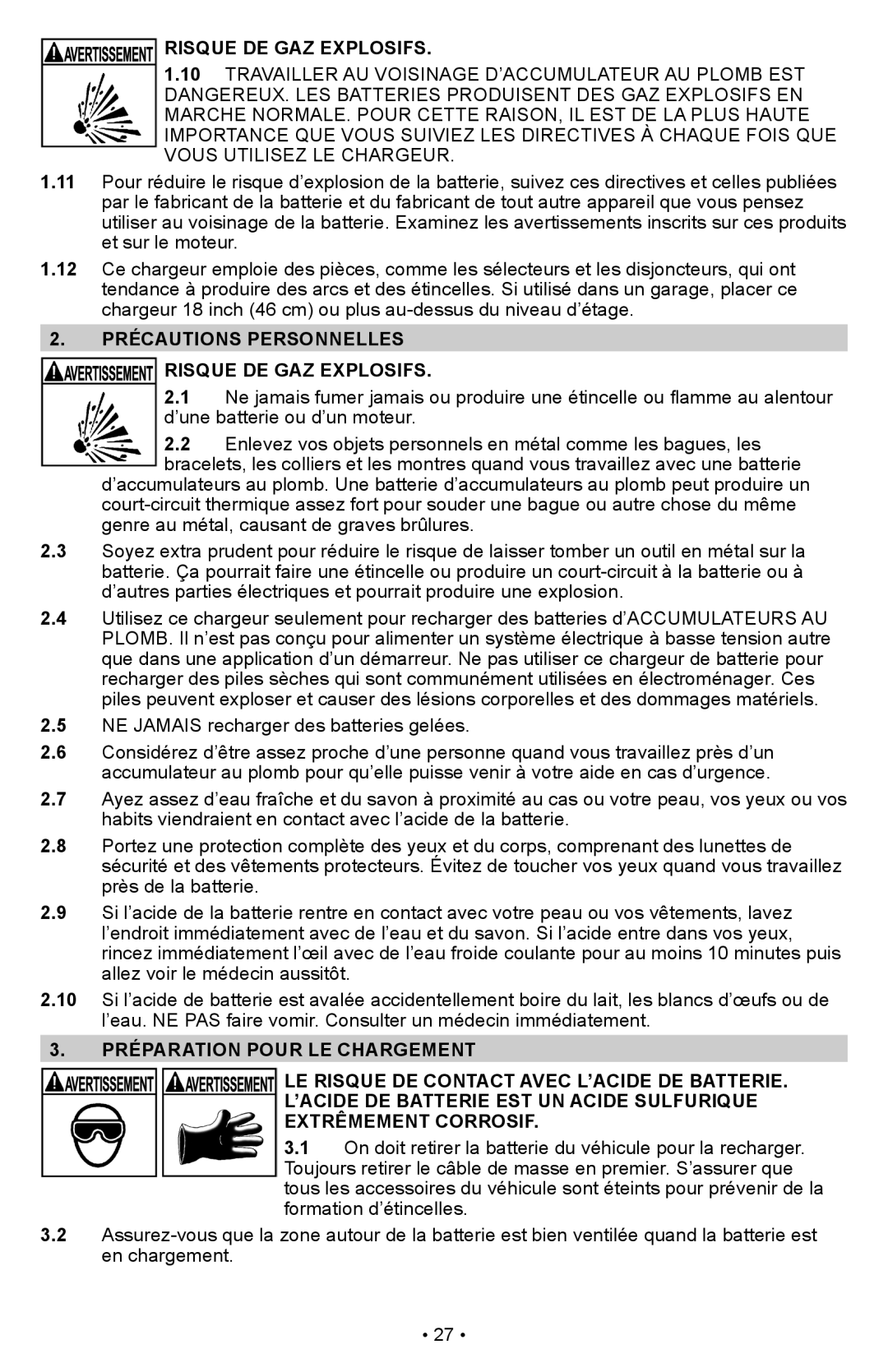 Schumacher PS-1022M owner manual Précautions Personnelles Risque DE GAZ Explosifs 