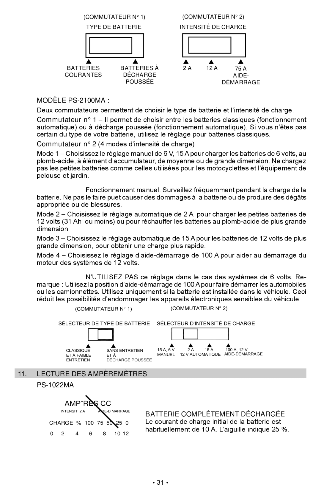 Schumacher owner manual Modèle PS-2100MA, Lecture DES Ampèremètres PS-1022MA 