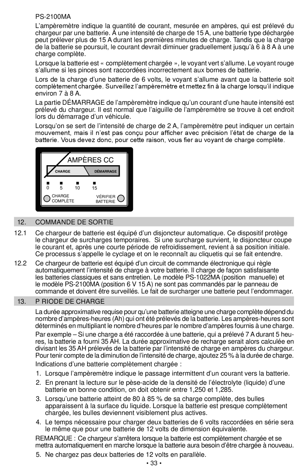 Schumacher PS-1022M owner manual Commande DE Sortie, 13. Période DE Charge 