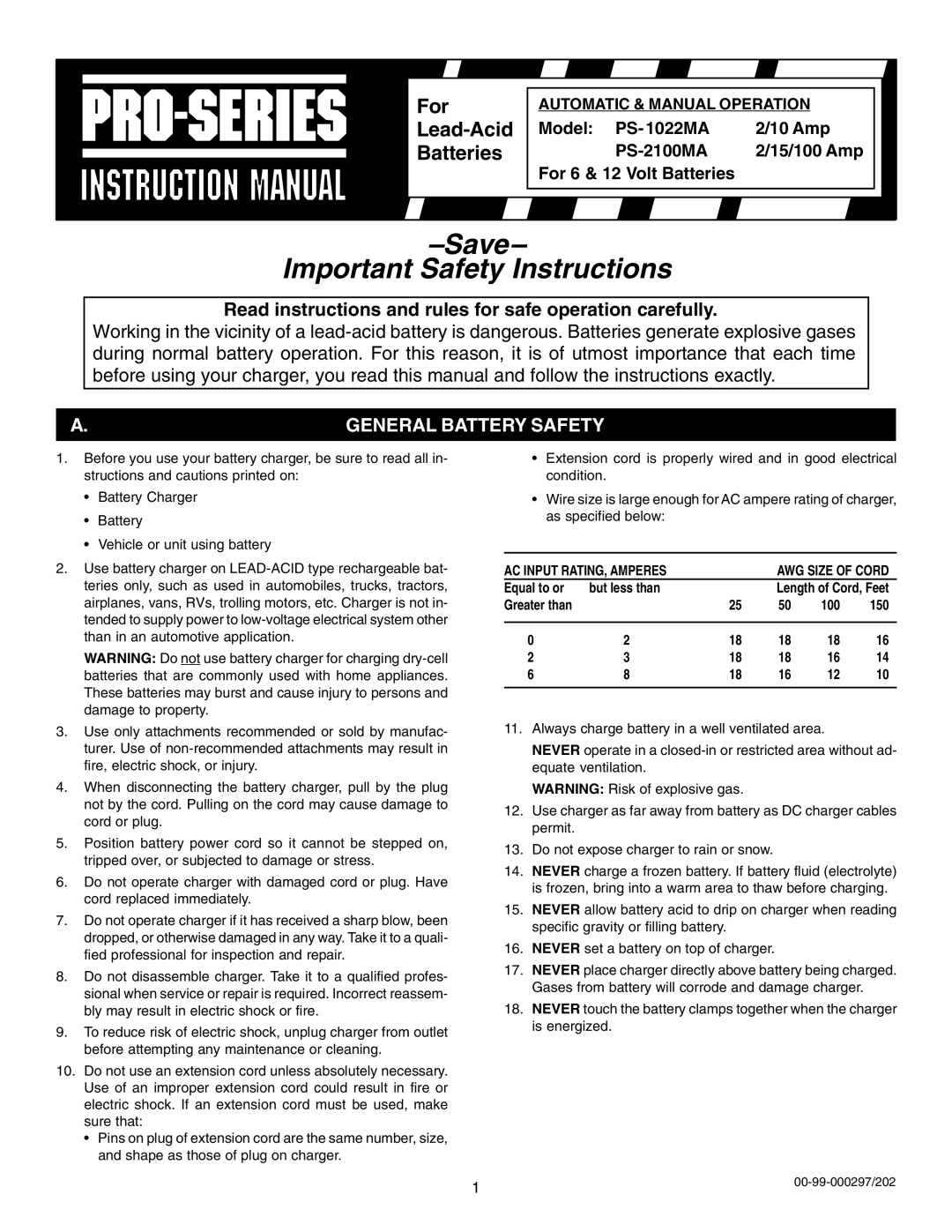 Schumacher PS-2100MA instruction manual Read instructions and rules for safe operation carefully, General Battery Safety 