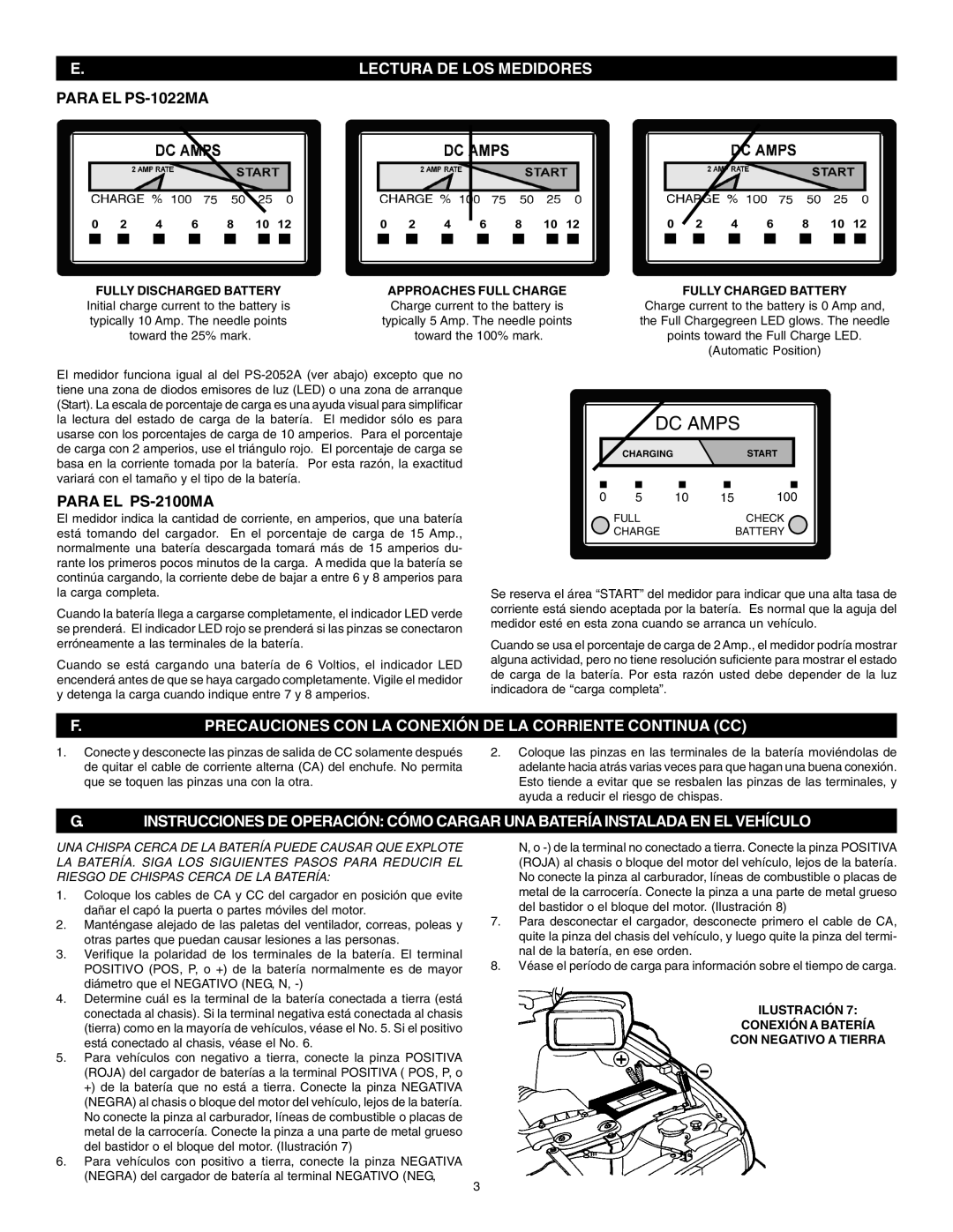 Schumacher 100 Amp, PS-1022MA, PS-2100MA Lectura DE LOS Medidores, Precauciones CON LA Conexión DE LA Corriente Continua CC 