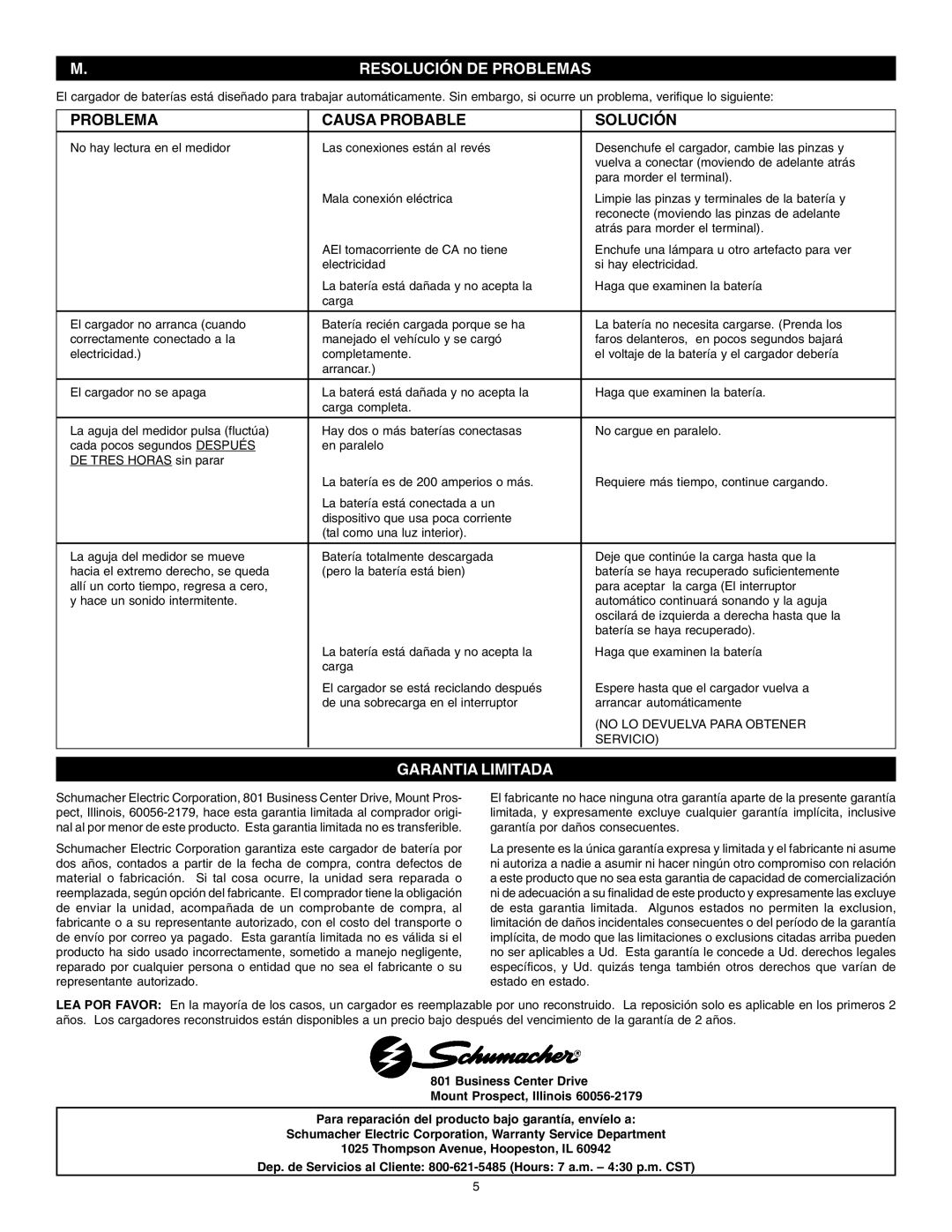 Schumacher PS-1022MA, PS-2100MA, 15Amp, 2Amp, 100 Amp, 10 Amp instruction manual Resolución DE Problemas, Garantia Limitada 