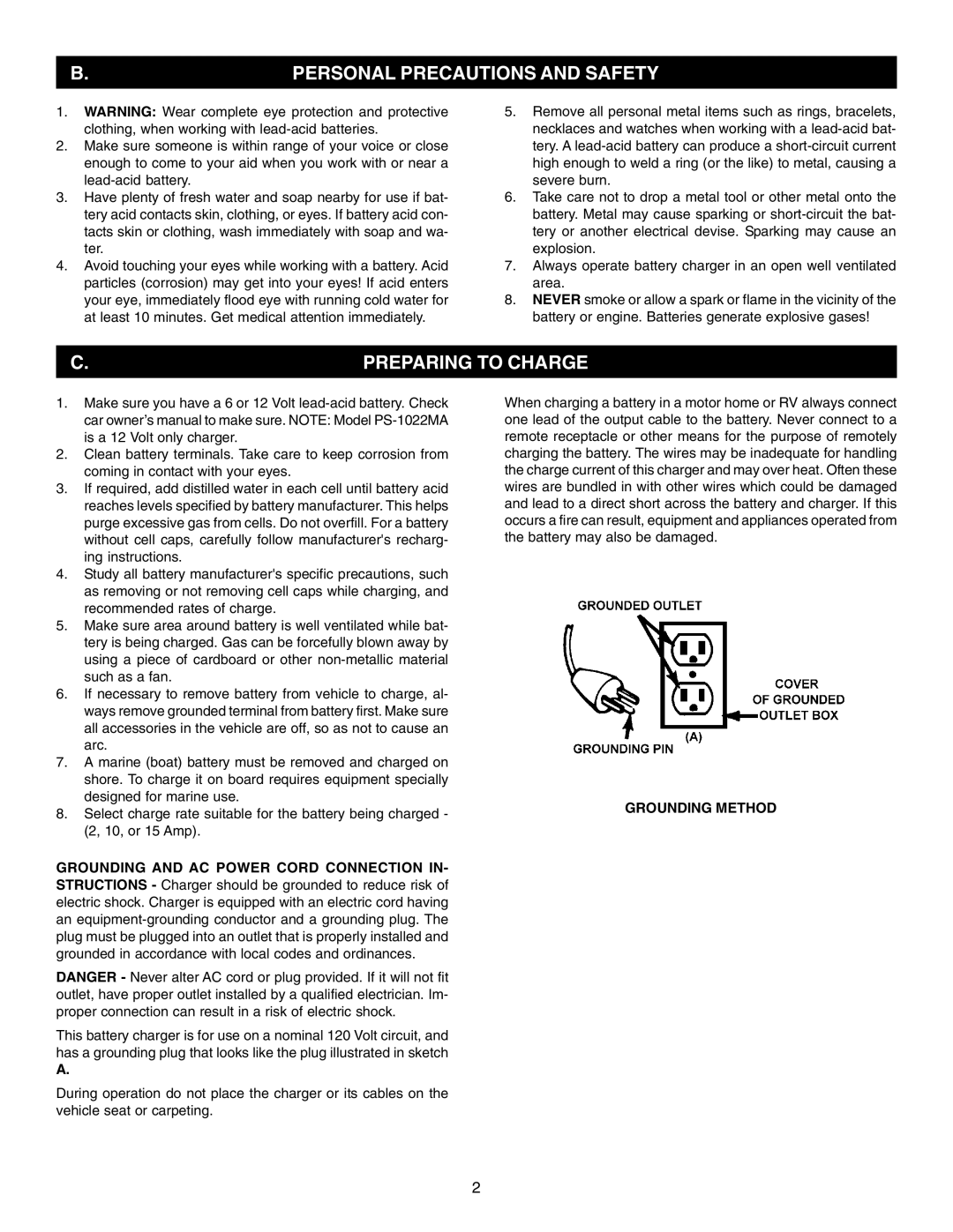 Schumacher 15Amp, PS-1022MA Personal Precautions and Safety, Preparing to Charge, Grounding and AC Power Cord Connection 