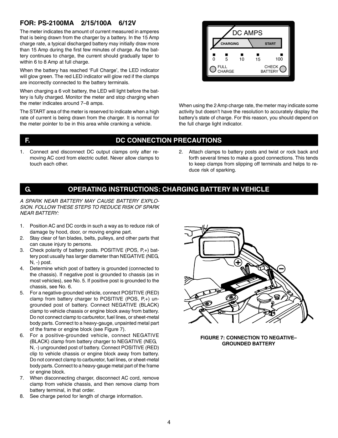 Schumacher 100 Amp, PS-1022MA, 15Amp, 2Amp For PS-2100MA 2/15/100A 6/12V, Operating Instructions Charging Battery in Vehicle 