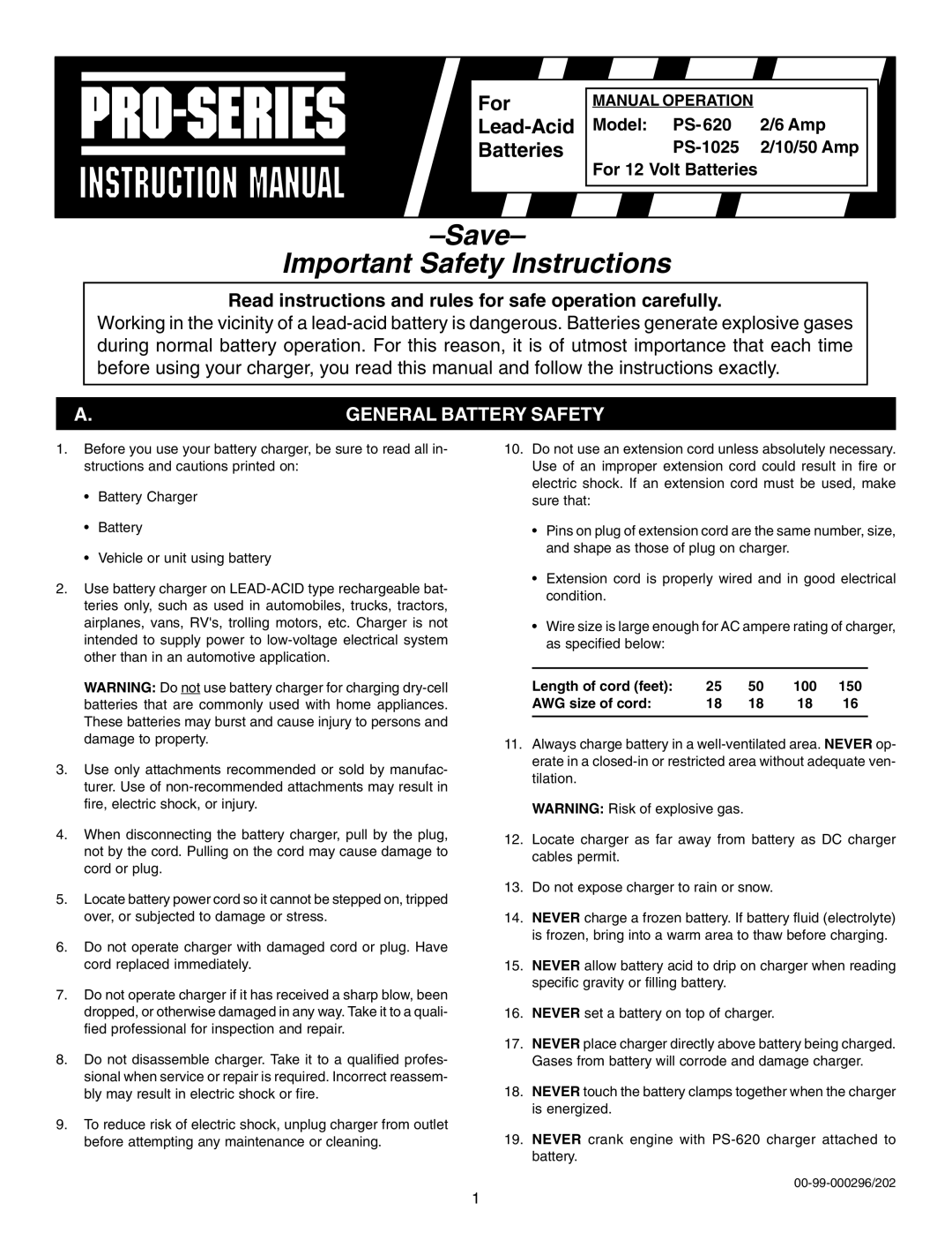 Schumacher PS-620, PS-1025 instruction manual Save Important Safety Instructions, General Battery Safety 