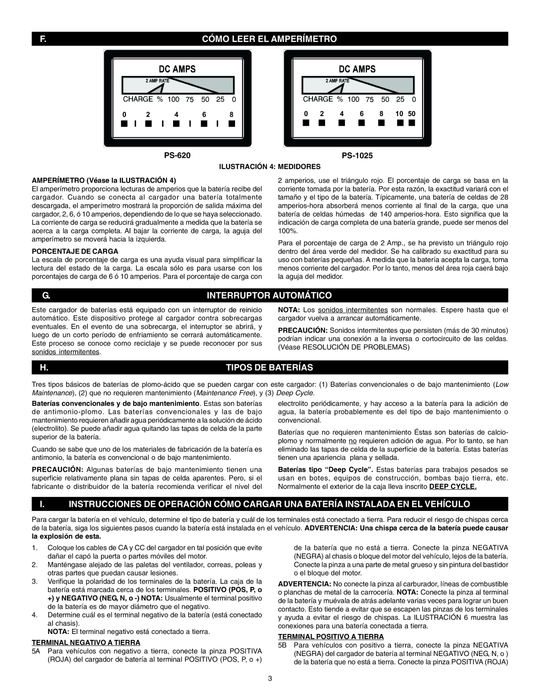 Schumacher PS-1025, PS-620 instruction manual Cómo Leer EL Amperímetro, Interruptor Automático, Tipos DE Baterías 