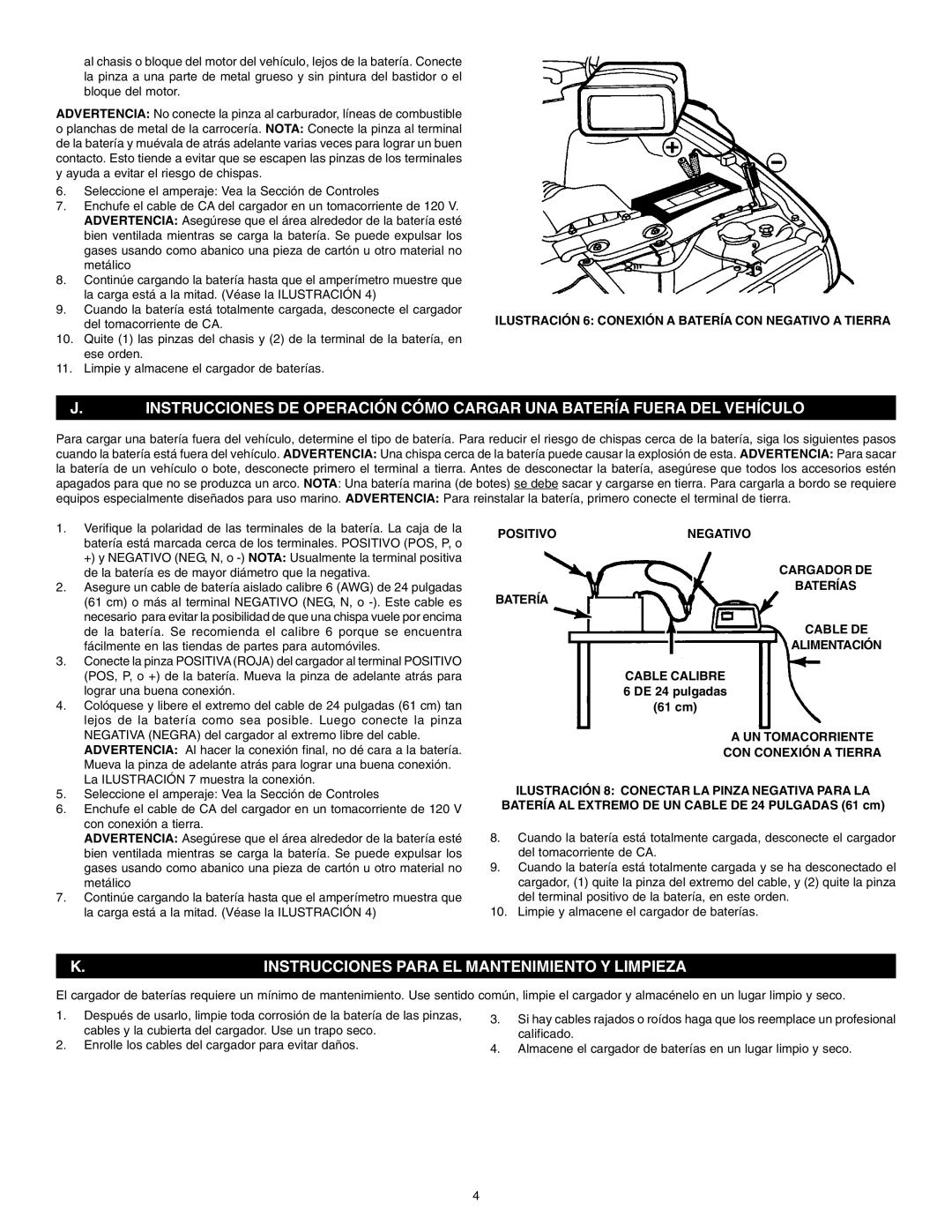 Schumacher PS-620 Instrucciones Para EL Mantenimiento Y Limpieza, Ilustración 6 Conexión a Batería CON Negativo a Tierra 