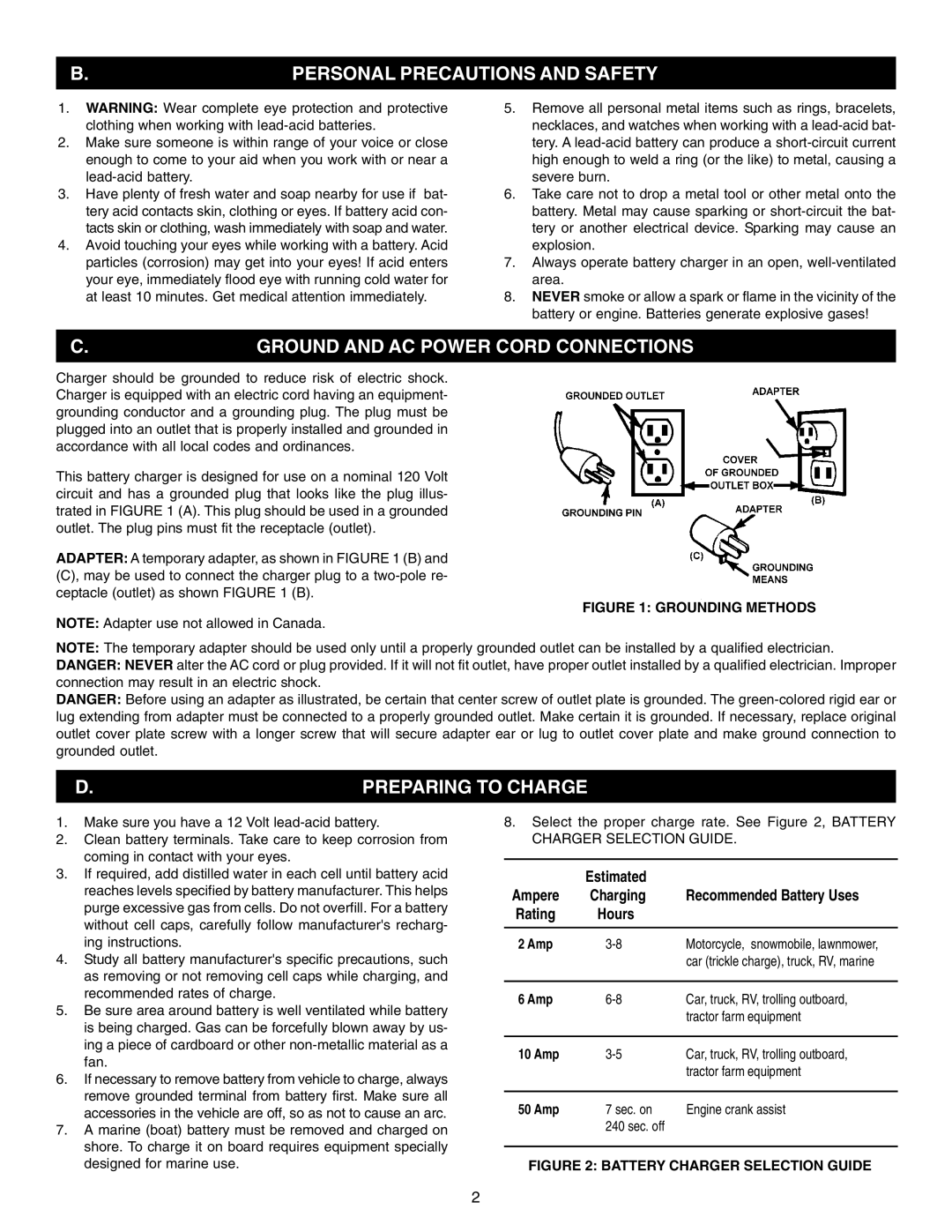 Schumacher PS-1025, PS-620 Personal Precautions and Safety, Ground and AC Power Cord Connections, Preparing to Charge 