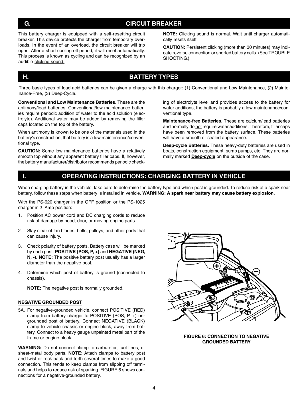 Schumacher PS-1025, PS-620 Operating Instructions Charging Battery in Vehicle, Circuit Breaker, Battery Types 