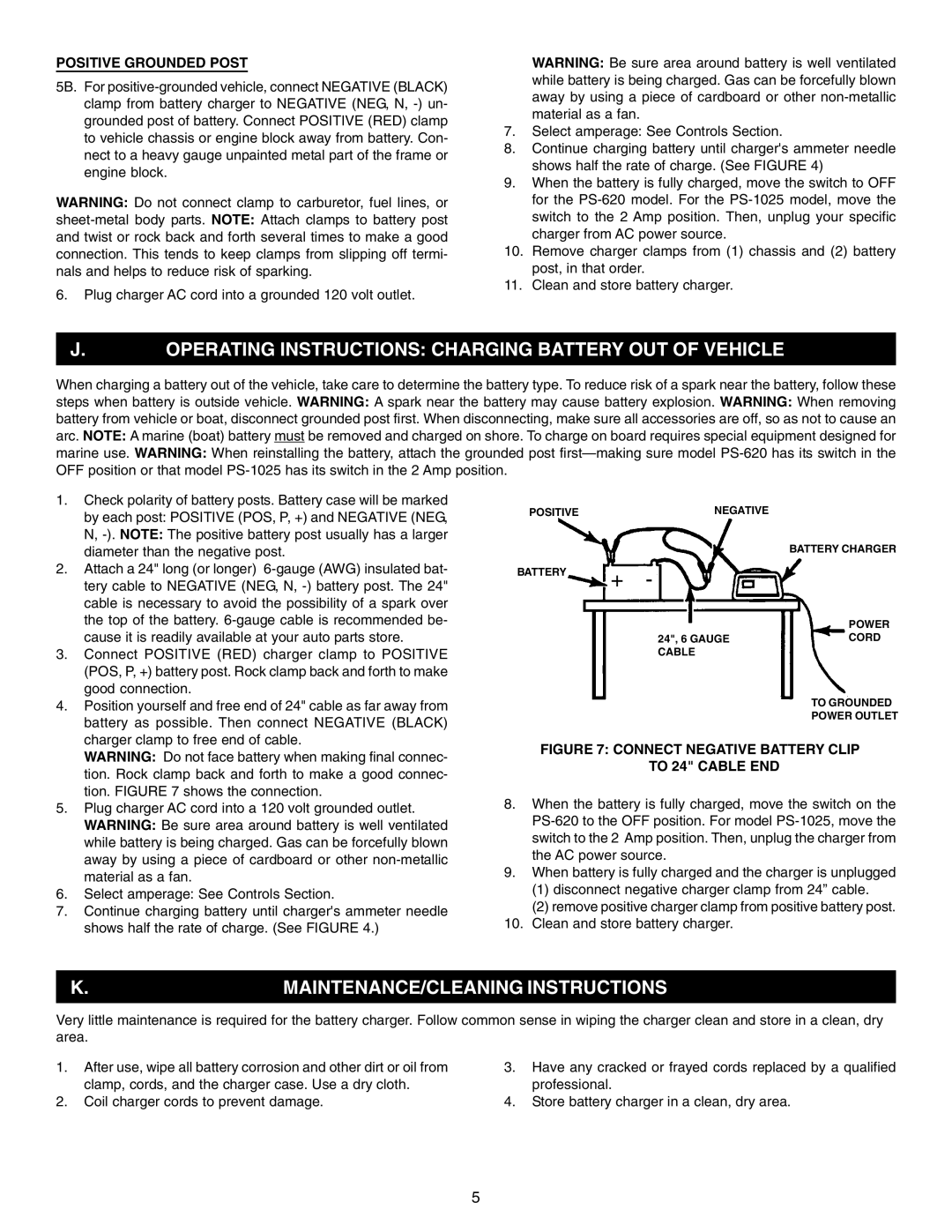 Schumacher PS-620, PS-1025 Operating Instructions Charging Battery OUT of Vehicle, MAINTENANCE/CLEANING Instructions 