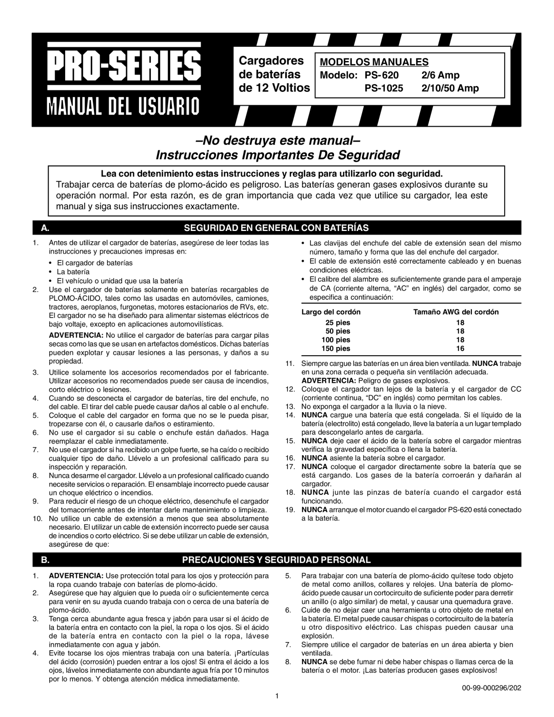 Schumacher PS-1025, PS-620 instruction manual Seguridad EN General CON Baterías, Precauciones Y Seguridad Personal, Pies 