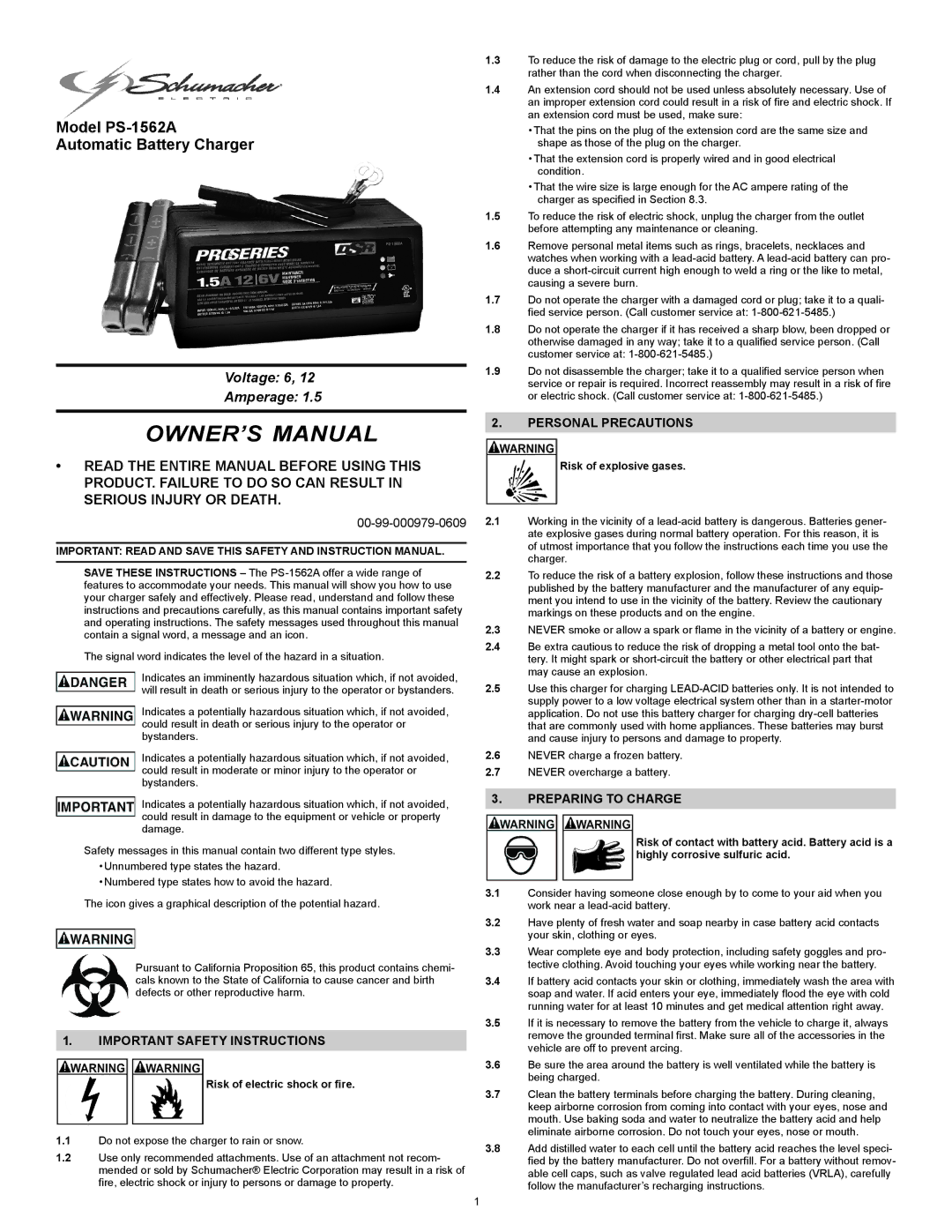 Schumacher PS-1562A important safety instructions Important Safety Instructions, Personal Precautions, Preparing to Charge 