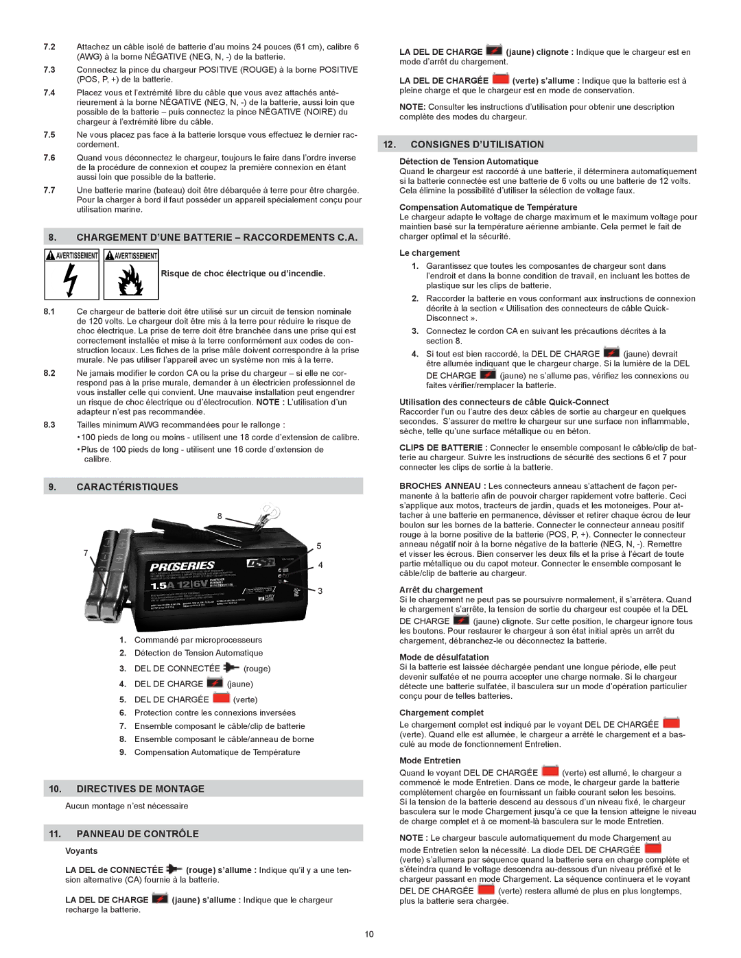 Schumacher PS-1562A Chargement D’UNE Batterie Raccordements C.A, Caractéristiques, Consignes D’UTILISATION 