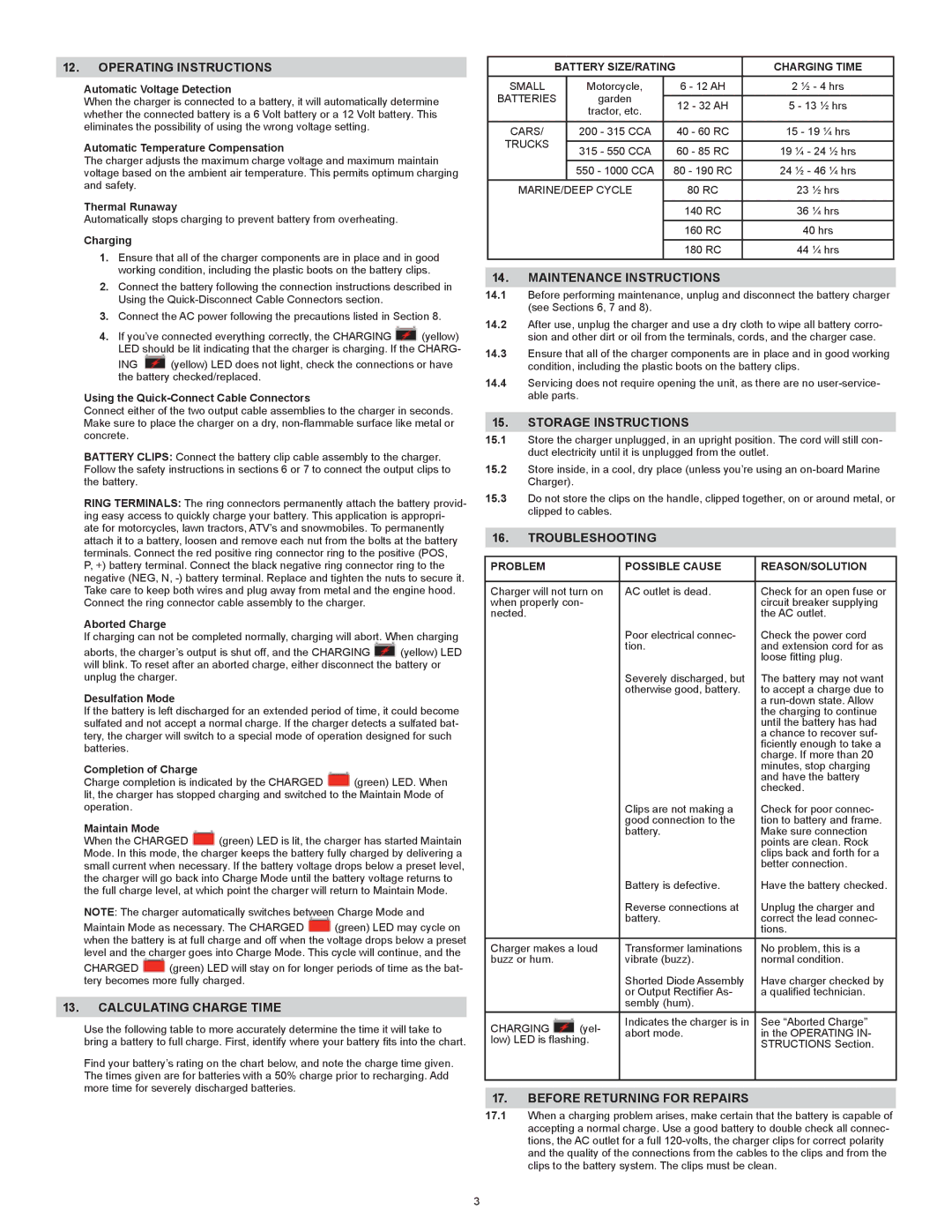 Schumacher PS-1562A Operating Instructions, Calculating Charge Time, Maintenance Instructions, Storage Instructions 