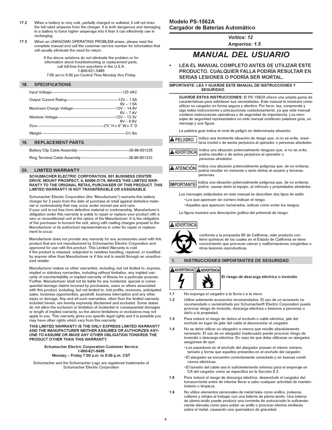 Schumacher PS-1562A Replacement Parts, Limited Warranty, Instrucciones Importantes DE Seguridad 