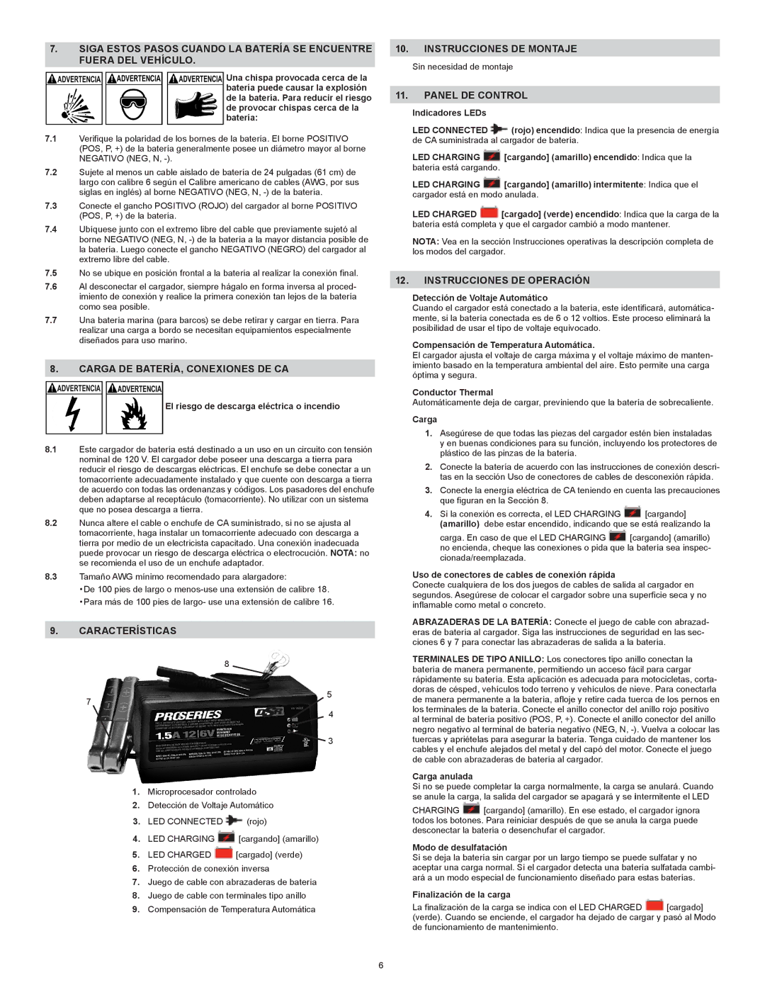 Schumacher PS-1562A Carga DE BATERÍA, Conexiones DE CA, Características Instrucciones DE Montaje, Panel DE Control 