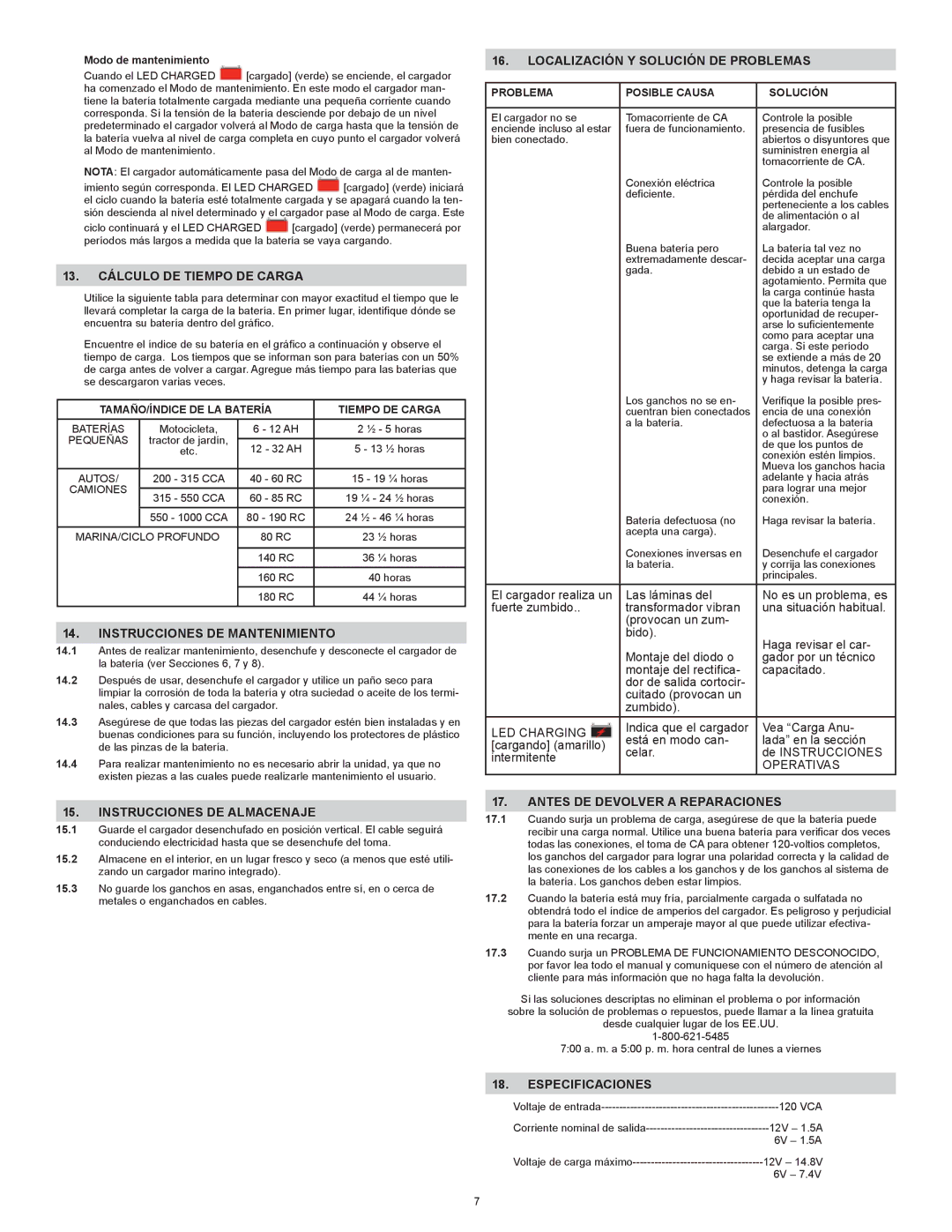 Schumacher PS-1562A 13. Cálculo DE Tiempo DE Carga, Instrucciones DE Mantenimiento, Localización Y Solución DE Problemas 