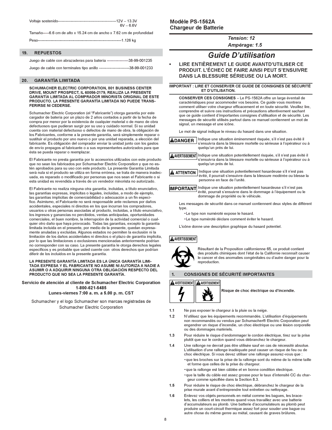 Schumacher PS-1562A important safety instructions Repuestos, Garantía Limitada, Consignes DE Sécurité Importantes 