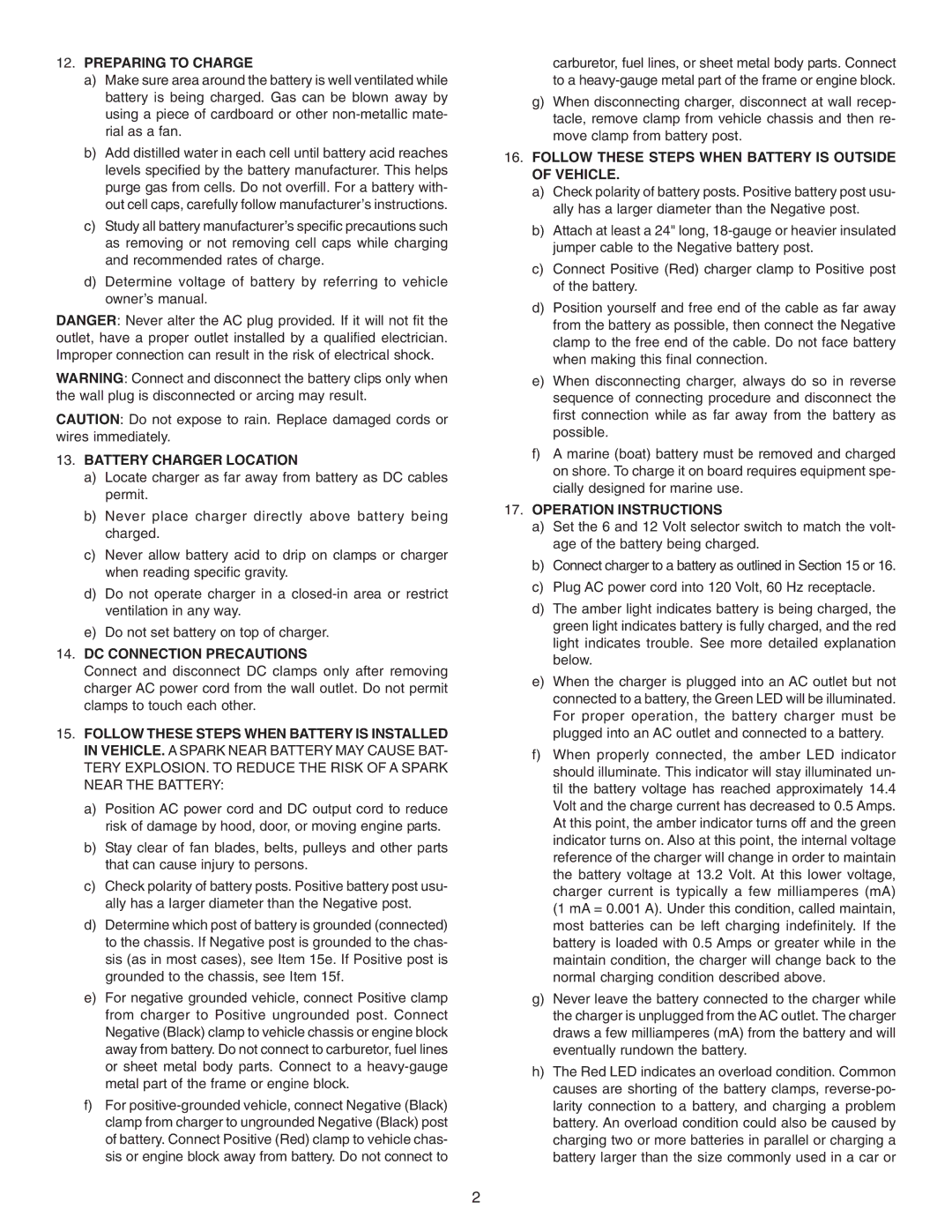 Schumacher PS-1562A Preparing to Charge, Battery Charger Location, DC Connection Precautions, Operation Instructions 