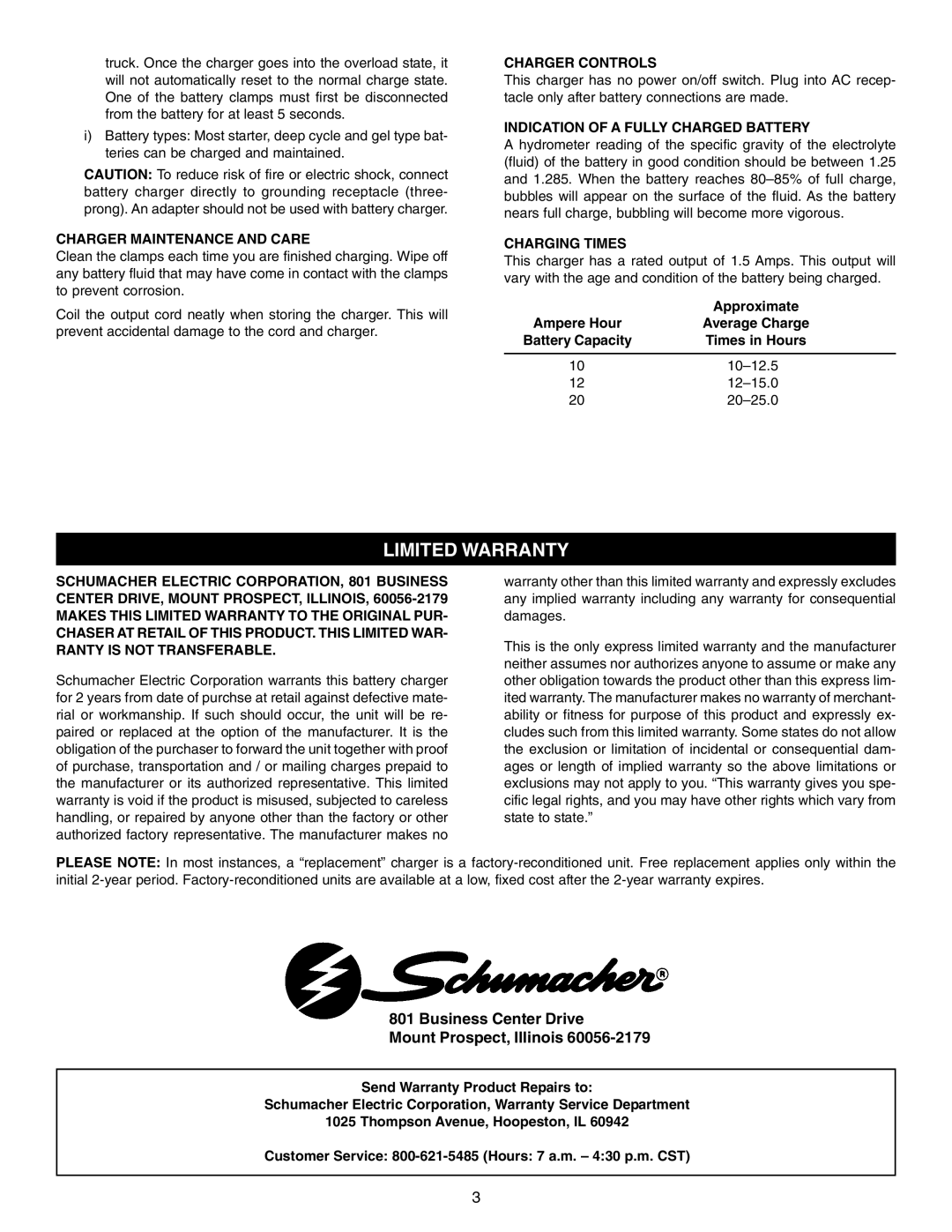 Schumacher PS-1562A instruction manual Limited Warranty, Charger Maintenance and Care, Charger Controls, Charging Times 