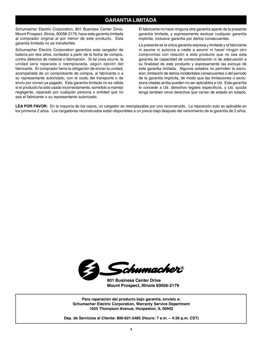 Schumacher PS-1562A instruction manual Garantia Limitada 