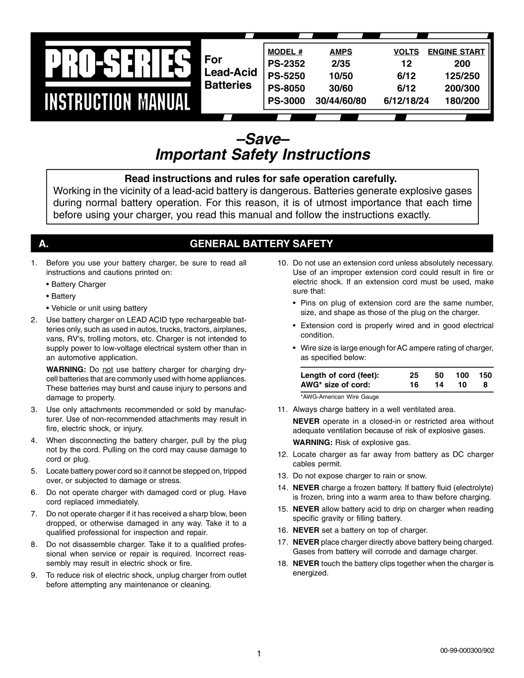 Schumacher PS-5250, PS-3000, PS-2352, PS-8050 instruction manual General Battery Safety, Model # Amps Volts Engine Start 