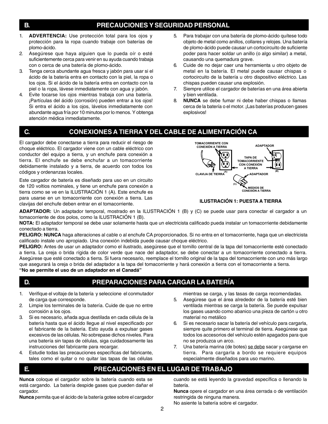 Schumacher PS-2352, PS-3000, PS-5250 Conexiones a Tierra Y DEL Cable DE Alimentación CA, Precauciones Y Seguridad Personal 