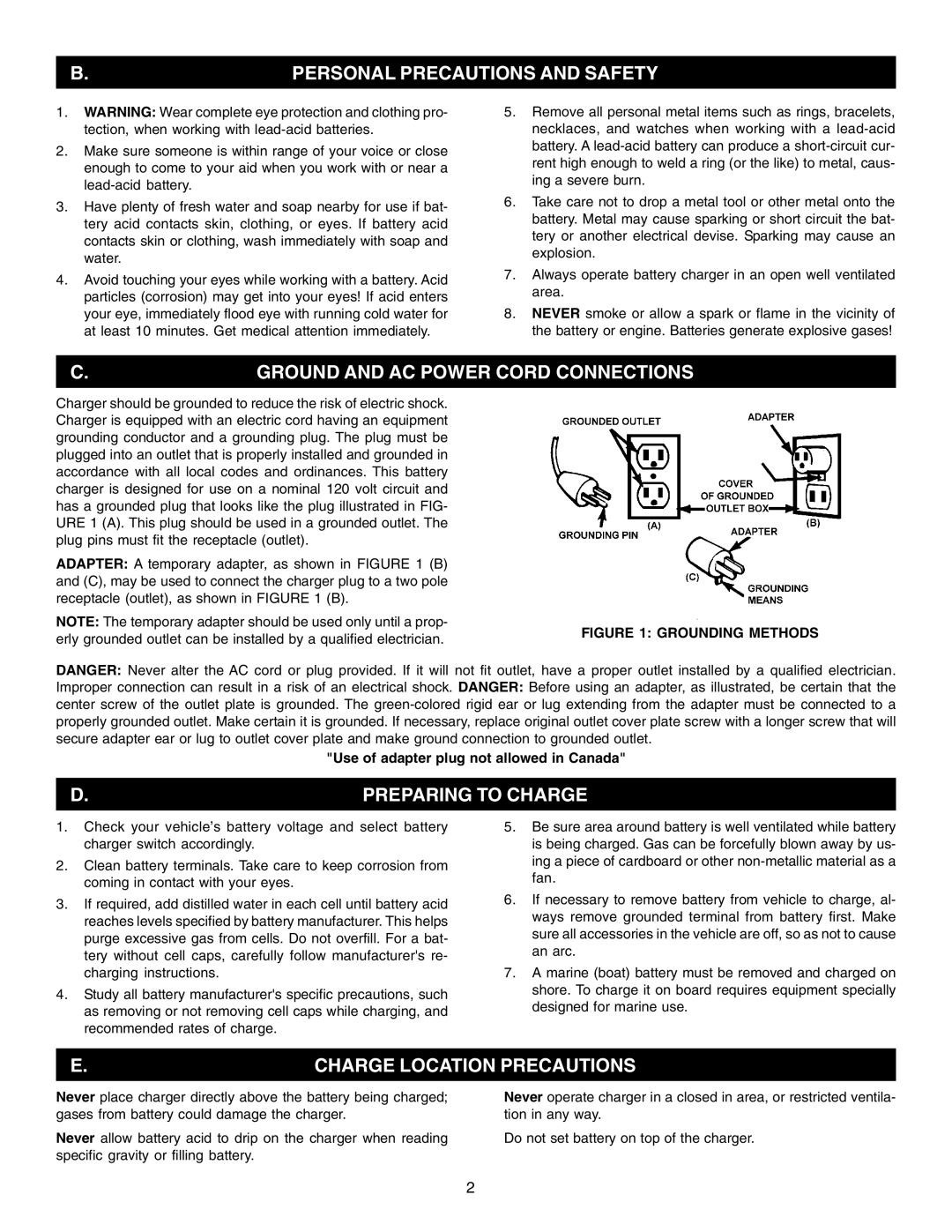 Schumacher PS-2352, PS-3000 Ground and AC Power Cord Connections, Personal Precautions and Safety, Preparing to Charge 