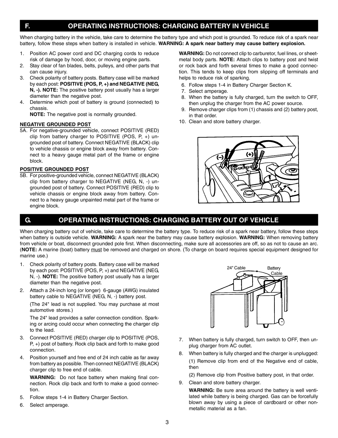 Schumacher PS-8050 Operating Instructions Charging Battery in Vehicle, Negative Grounded Post, Positive Grounded Post 