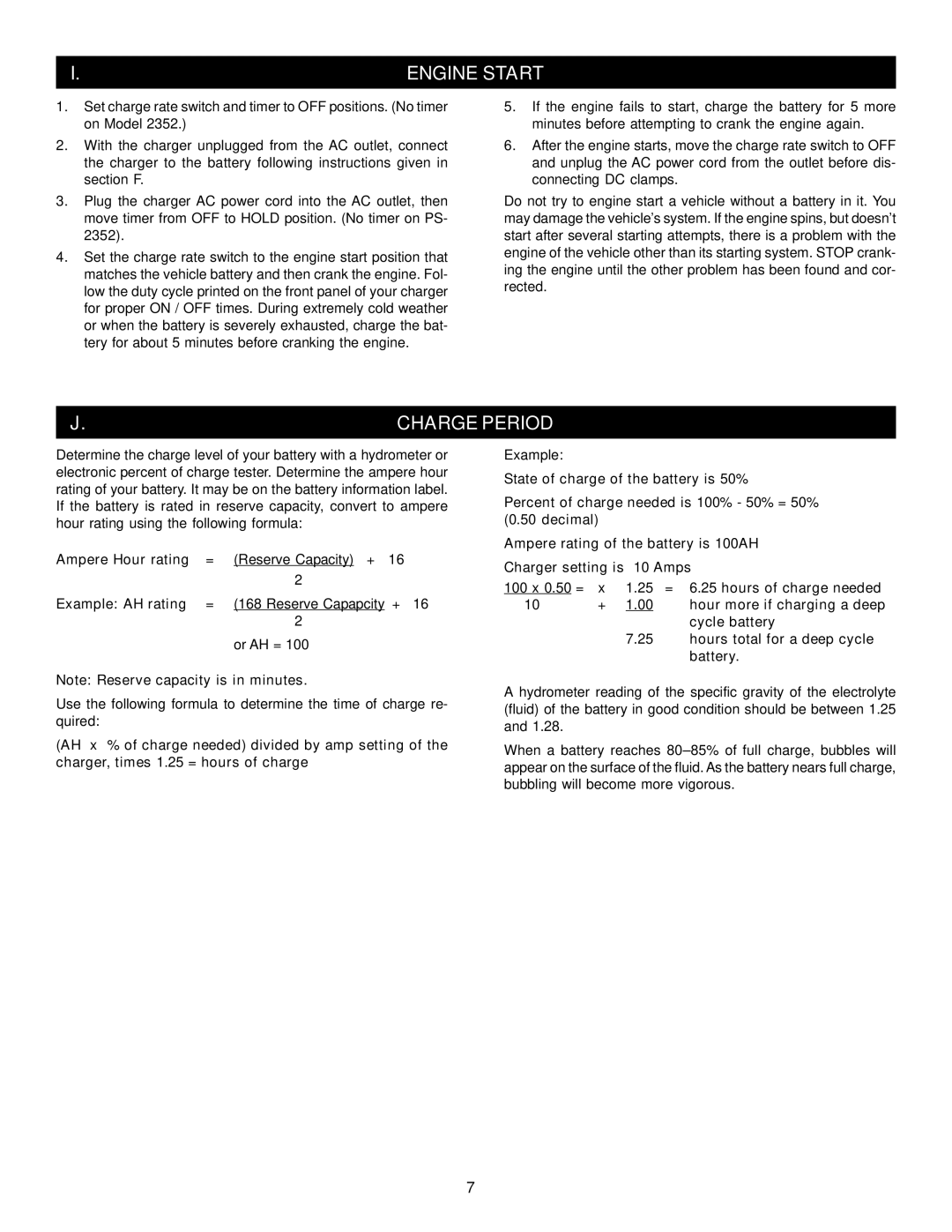 Schumacher PS-8050, PS-3000, PS-5250, PS-2352 Engine Start, Charge Period, Ampere Hour rating, Example AH rating 