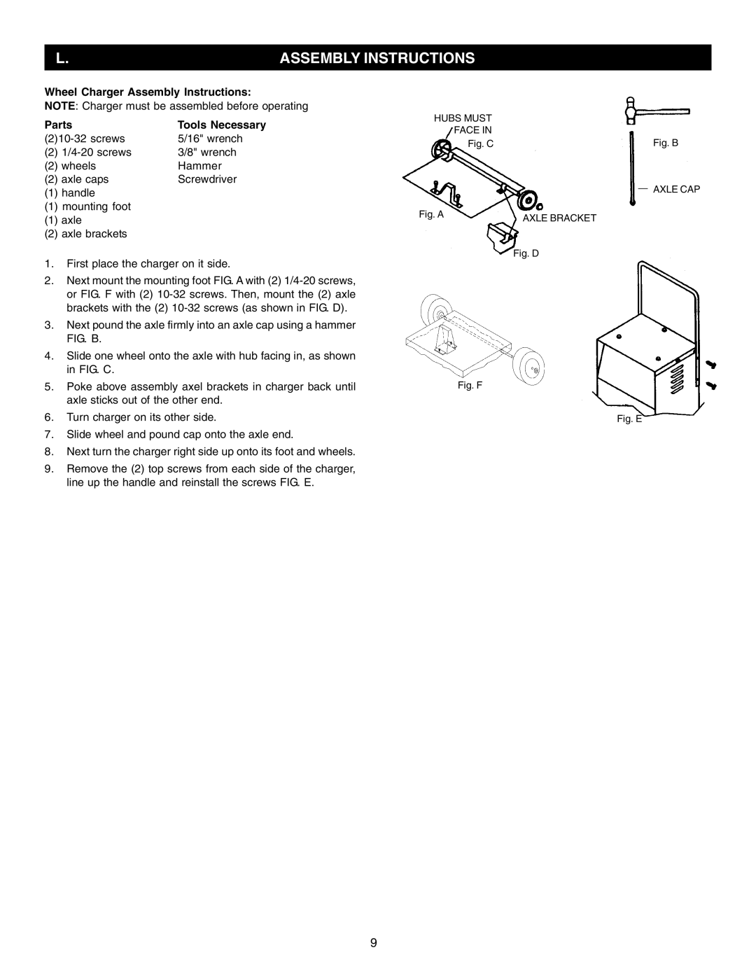 Schumacher PS-5250, PS-3000, PS-2352, PS-8050 instruction manual Wheel Charger Assembly Instructions Parts Tools Necessary 