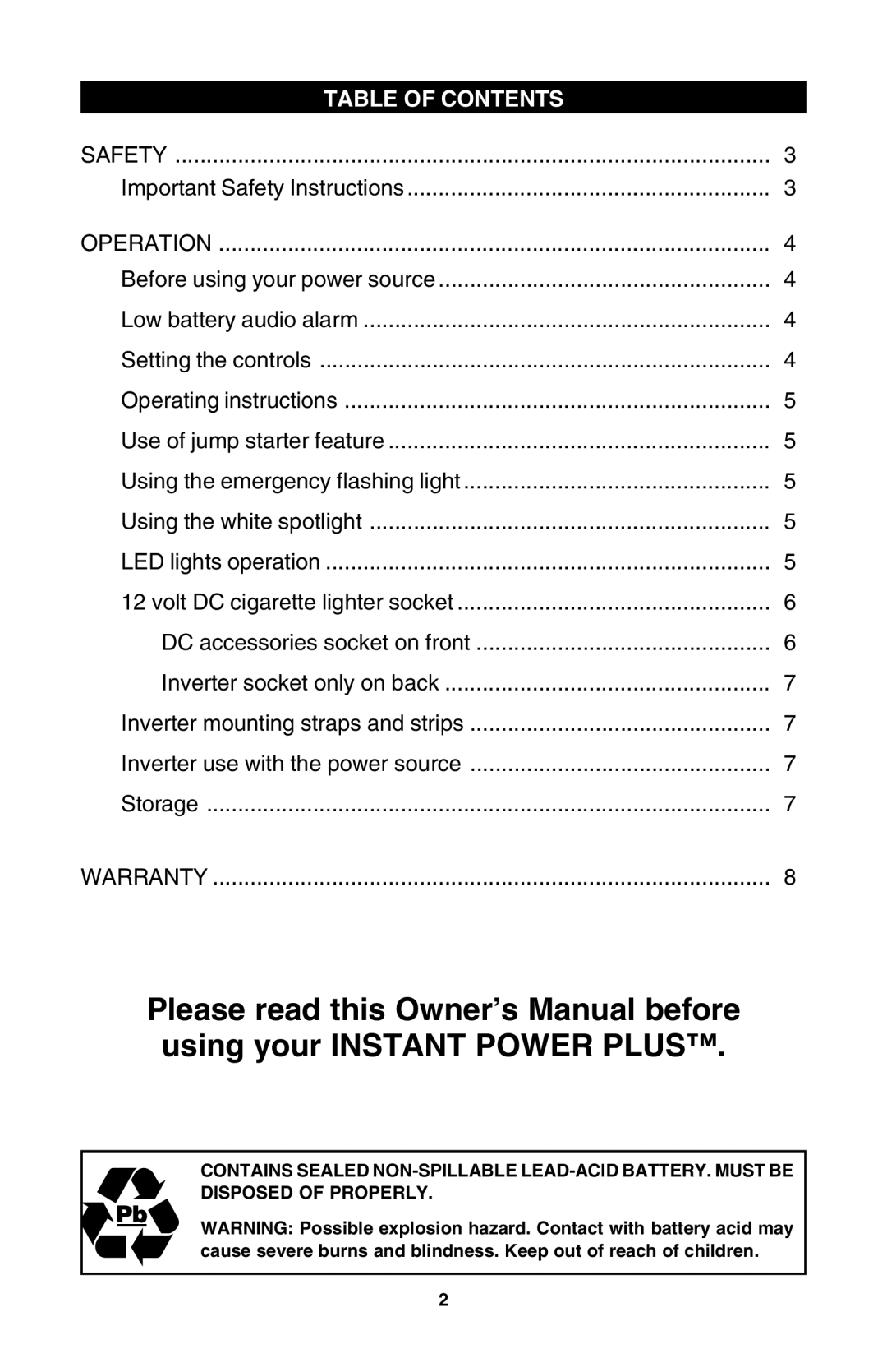 Schumacher PS-500-1A owner manual Table of Contents 