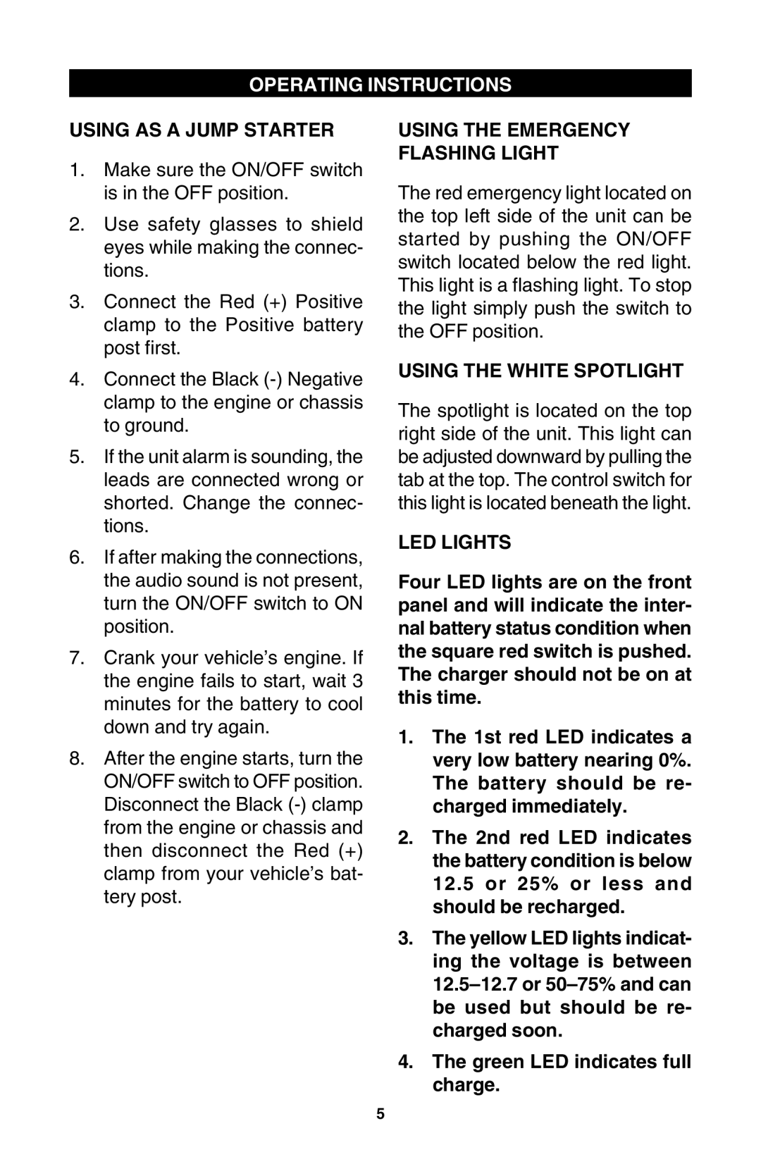 Schumacher PS-500-1A Operating Instructions, Using AS a Jump Starter, Using the Emergency Flashing Light, LED Lights 