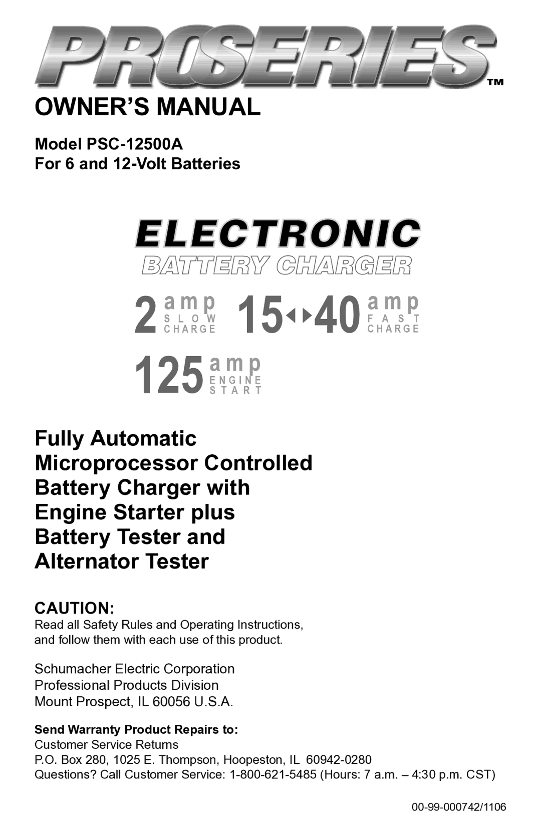 Schumacher PSC-12500A owner manual Electronic 