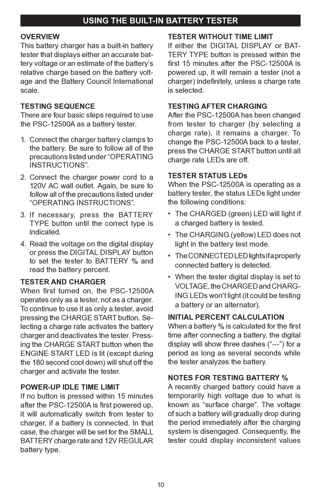 Schumacher PSC-12500A owner manual Using the built-in Battery tester 