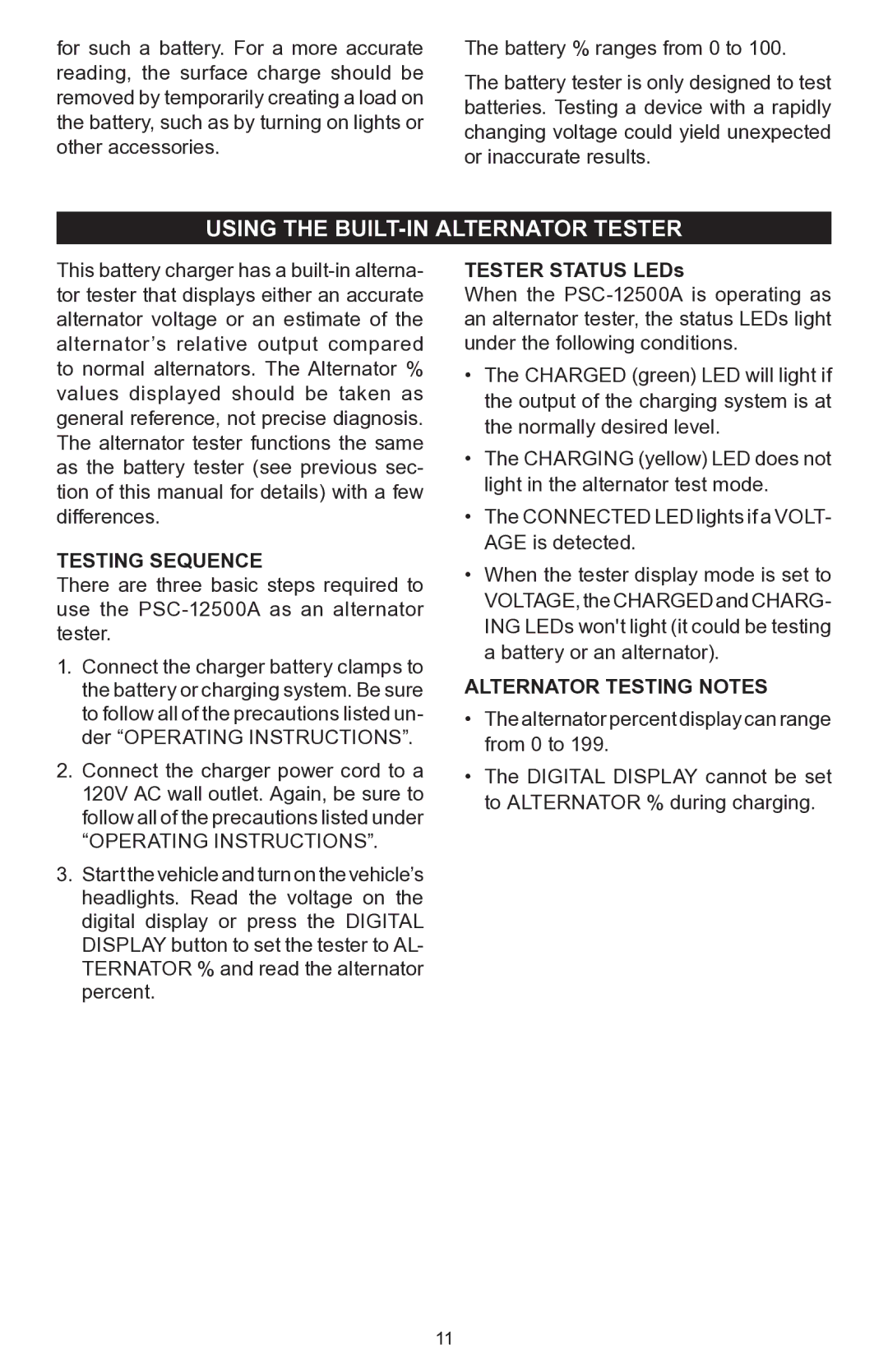 Schumacher PSC-12500A owner manual Using the built-in alternator tester, Alternator Testing Notes 