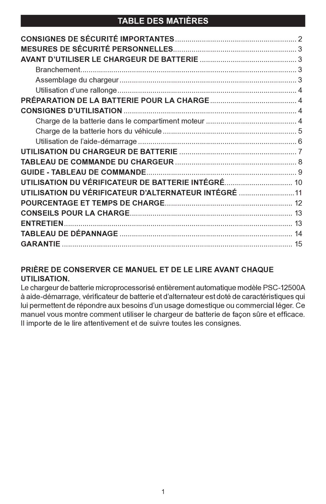 Schumacher PSC-12500A owner manual Table DES Matières 