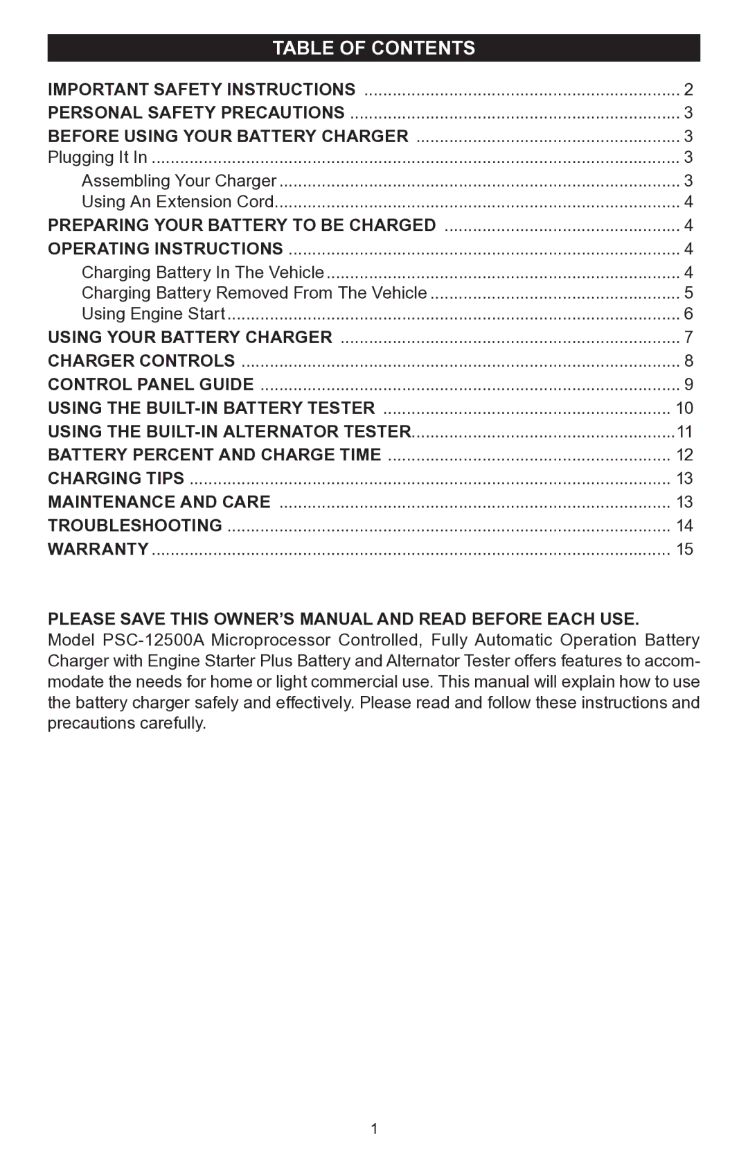 Schumacher PSC-12500A owner manual Table of Contents 