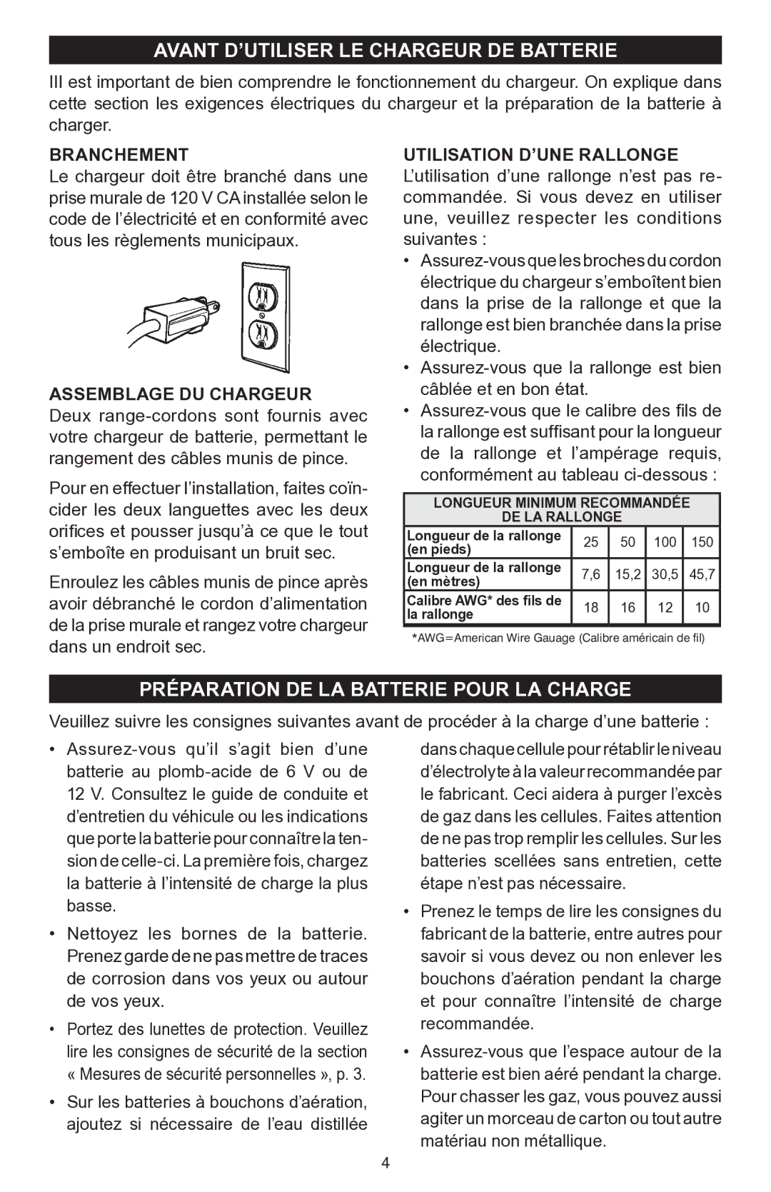 Schumacher PSC-12500A Avant D’UTILISER LE Chargeur DE Batterie, Préparation DE LA Batterie Pour LA Charge, Branchement 