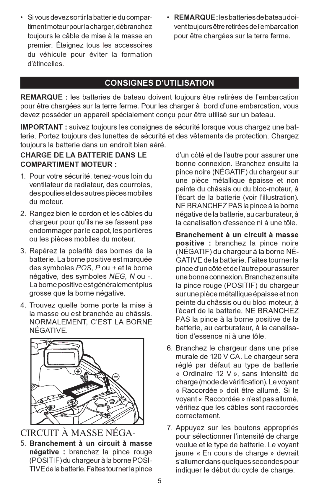 Schumacher PSC-12500A owner manual Consignes D’UTILISATION, Charge DE LA Batterie Dans LE Compartiment Moteur 