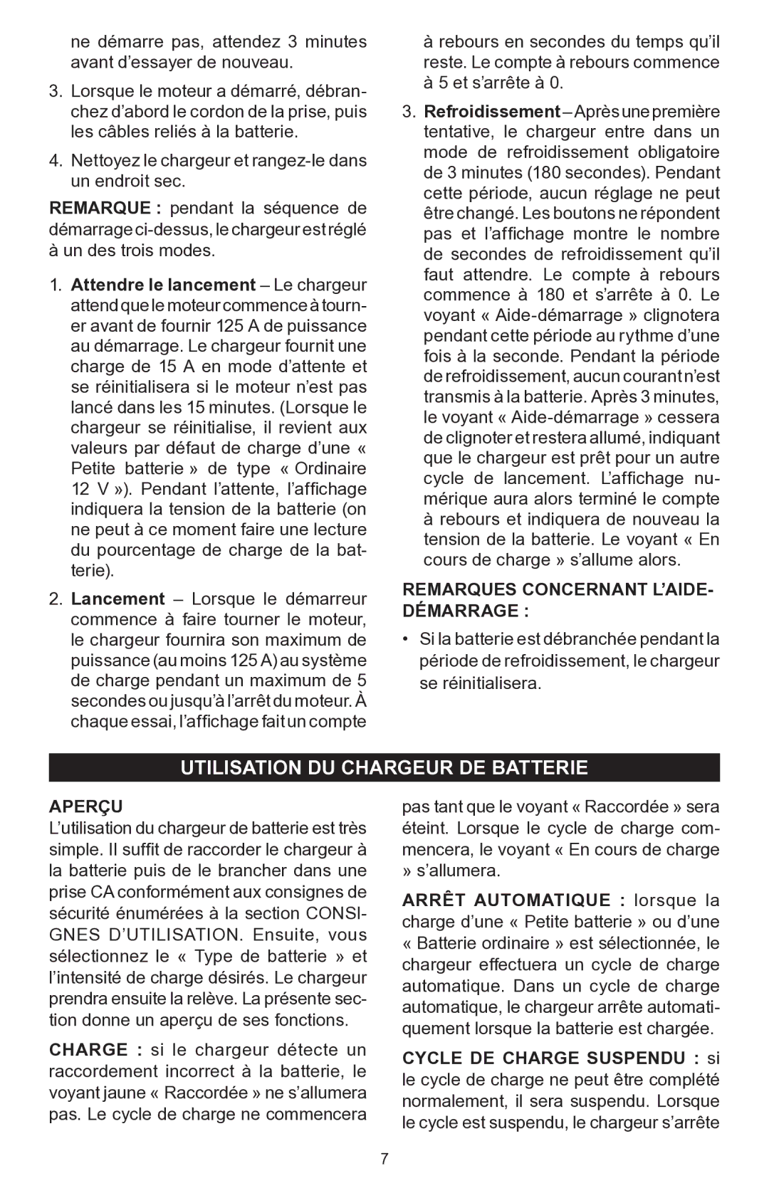 Schumacher PSC-12500A owner manual Utilisation DU Chargeur DE Batterie, Remarques Concernant L’AIDE- Démarrage, Aperçu 