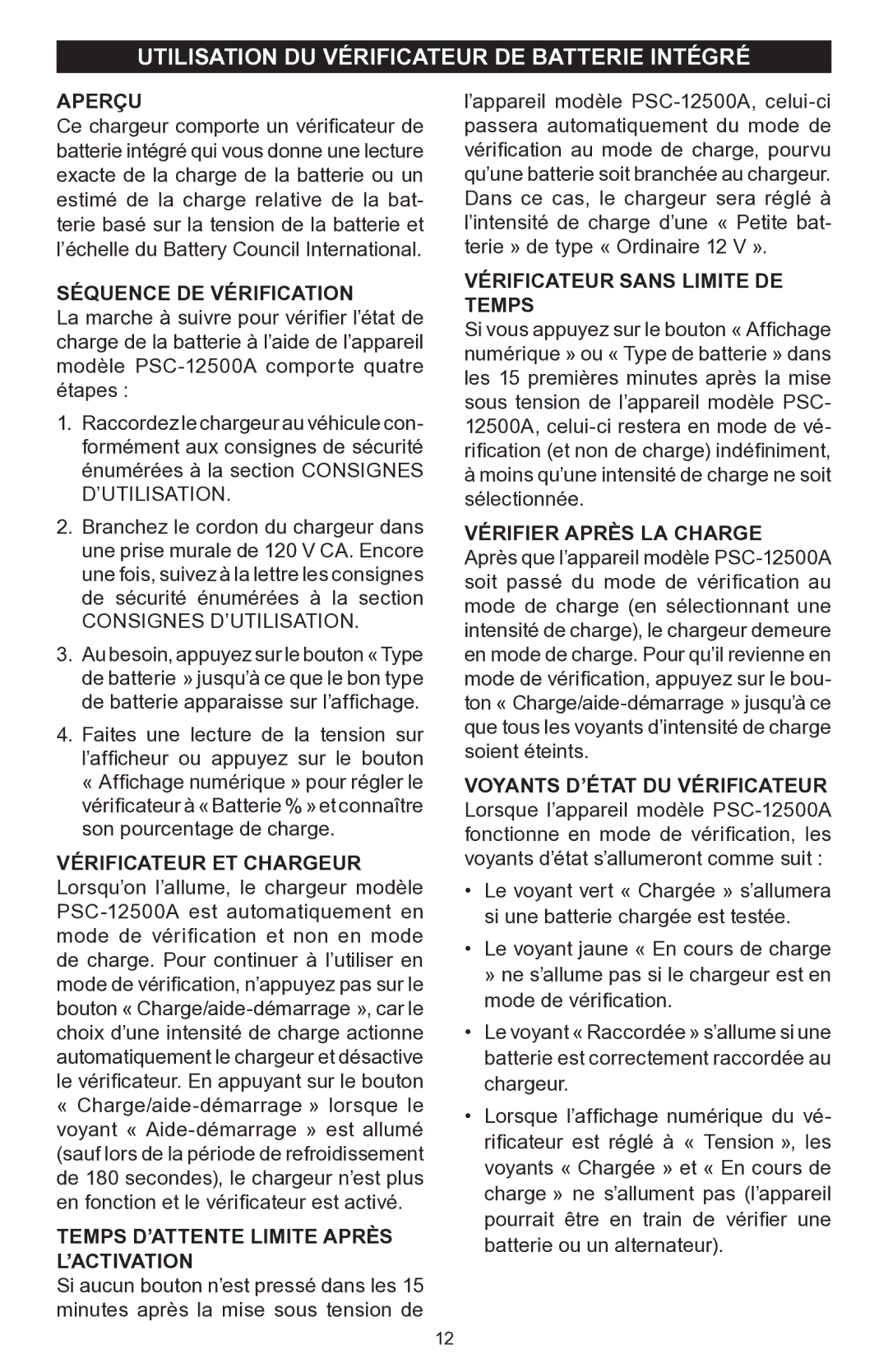 Schumacher PSC-12500A Utilisation DU Vérificateur DE Batterie Intégré, Séquence DE Vérification, Vérifier Après LA Charge 