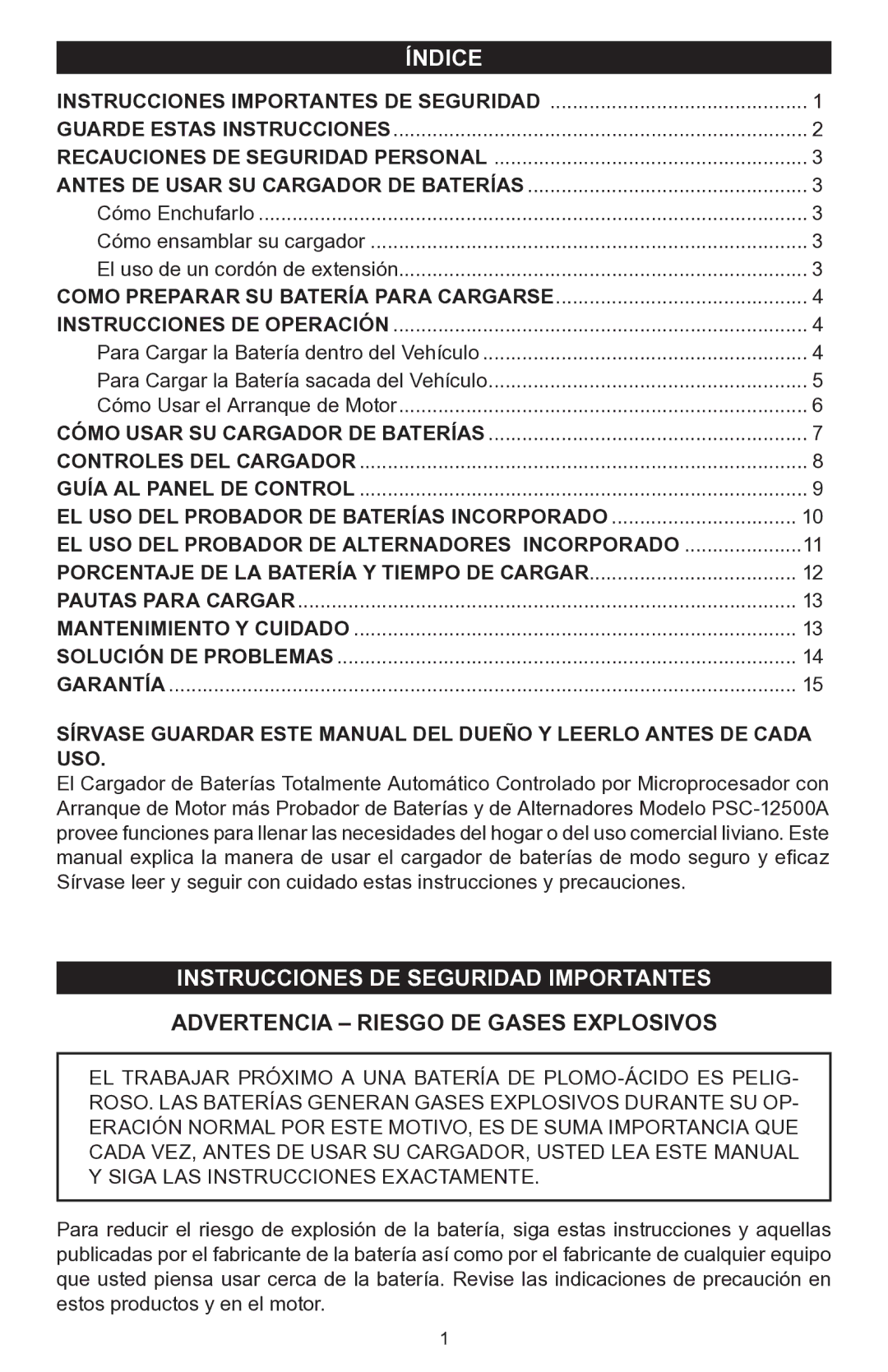 Schumacher PSC-12500A owner manual Índice, Instrucciones de Seguridad Importantes 