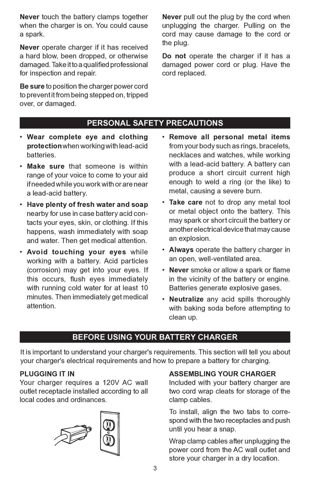 Schumacher PSC-12500A owner manual Personal Safety Precautions, Before Using Your Battery Charger, Plugging IT 