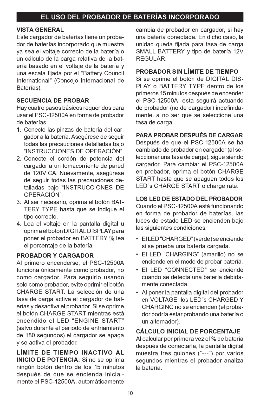 Schumacher PSC-12500A owner manual EL USO DEL Probador DE Baterías Incorporado, Secuencia DE Probar, Probador Y Cargador 